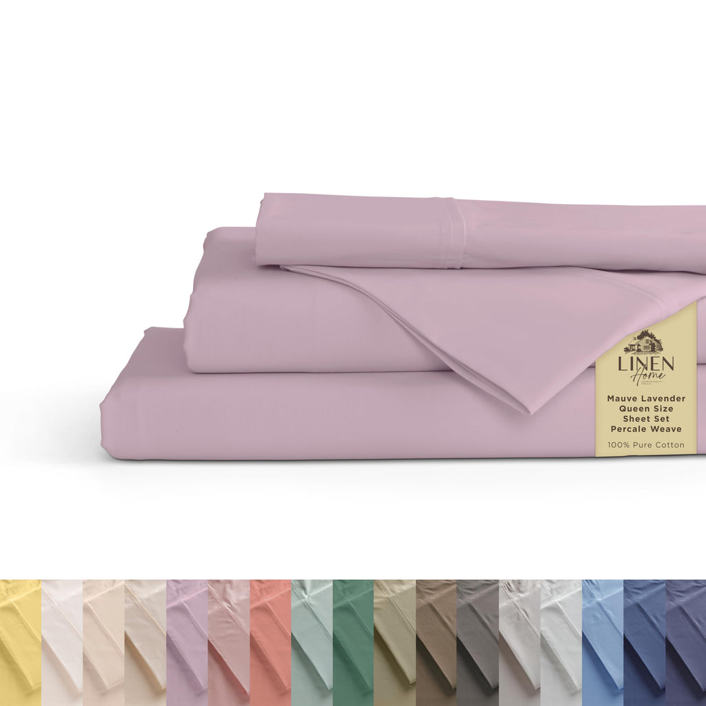 Linen Home 100% Cotton Percale Sheet Set - Deep Pocket Fitted Sheet Fits Mattress Upto 15", Pillowcases, Breathable Flat Sheet