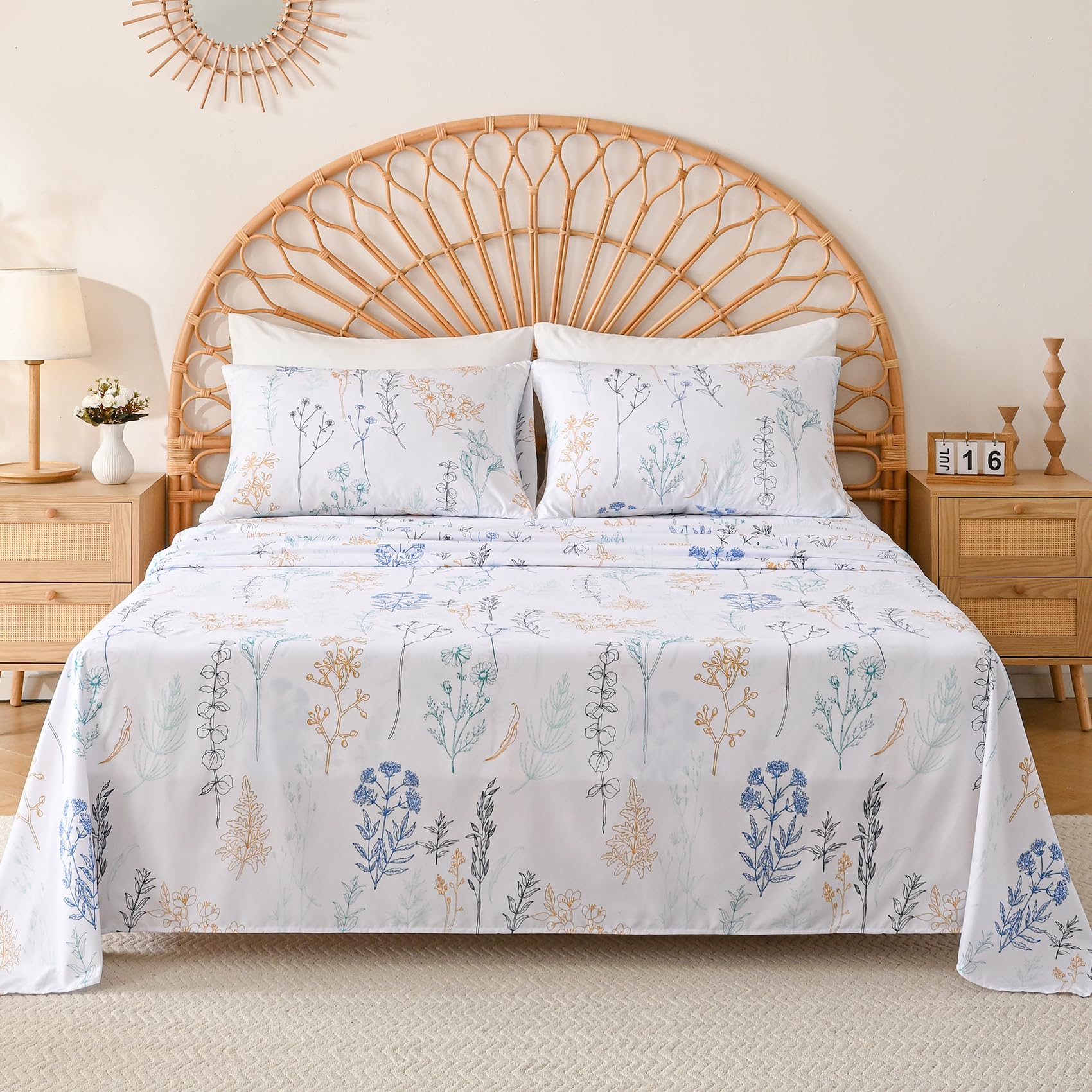 Yibeizi Floral Printed Sheet Set, Boho Pattern Bed Sheets Cooling Bedding Sheets & Pillowcases Soft Microfiber 15" Extra Deep Pocket Fitted Bedsheet 4 Piece