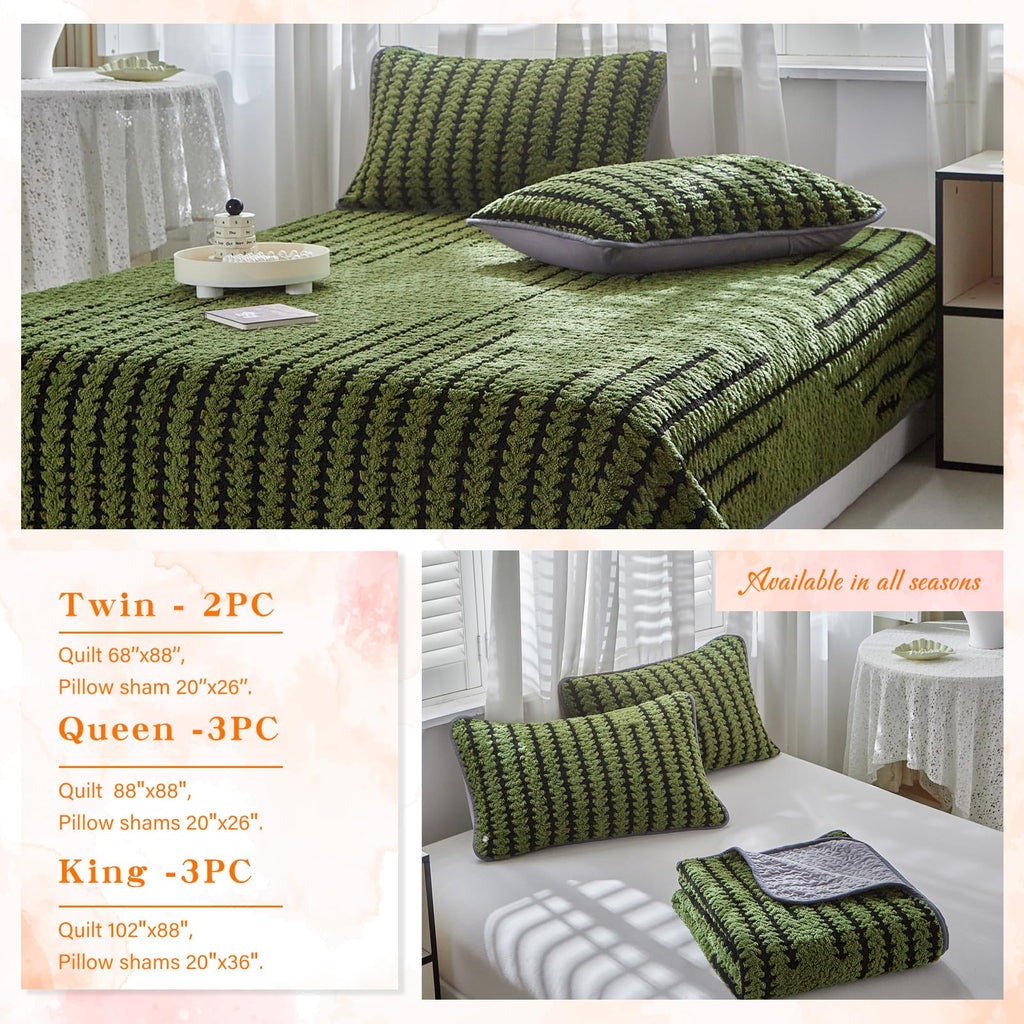 Tititada 3 Pieces Luxury Velvet Boho Quilt Sets Queen Size, Lightweight Decorative Bohemian Bedspread Set for All Season, Soft Coverlet with 2 Shams, Green