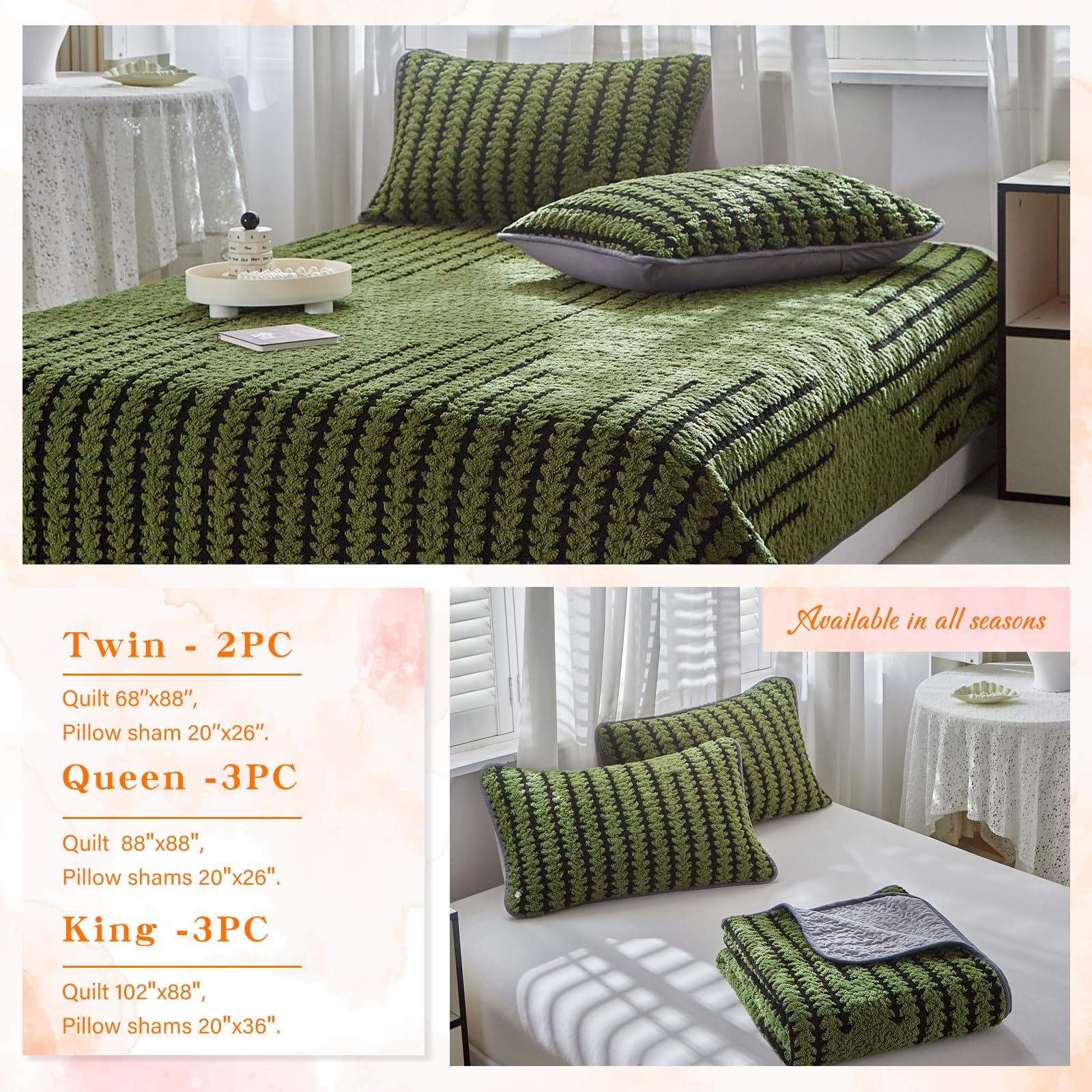 Tititada 3 Pieces Luxury Velvet Boho Quilt Sets Queen Size, Lightweight Decorative Bohemian Bedspread Set for All Season, Soft Coverlet with 2 Shams, Green