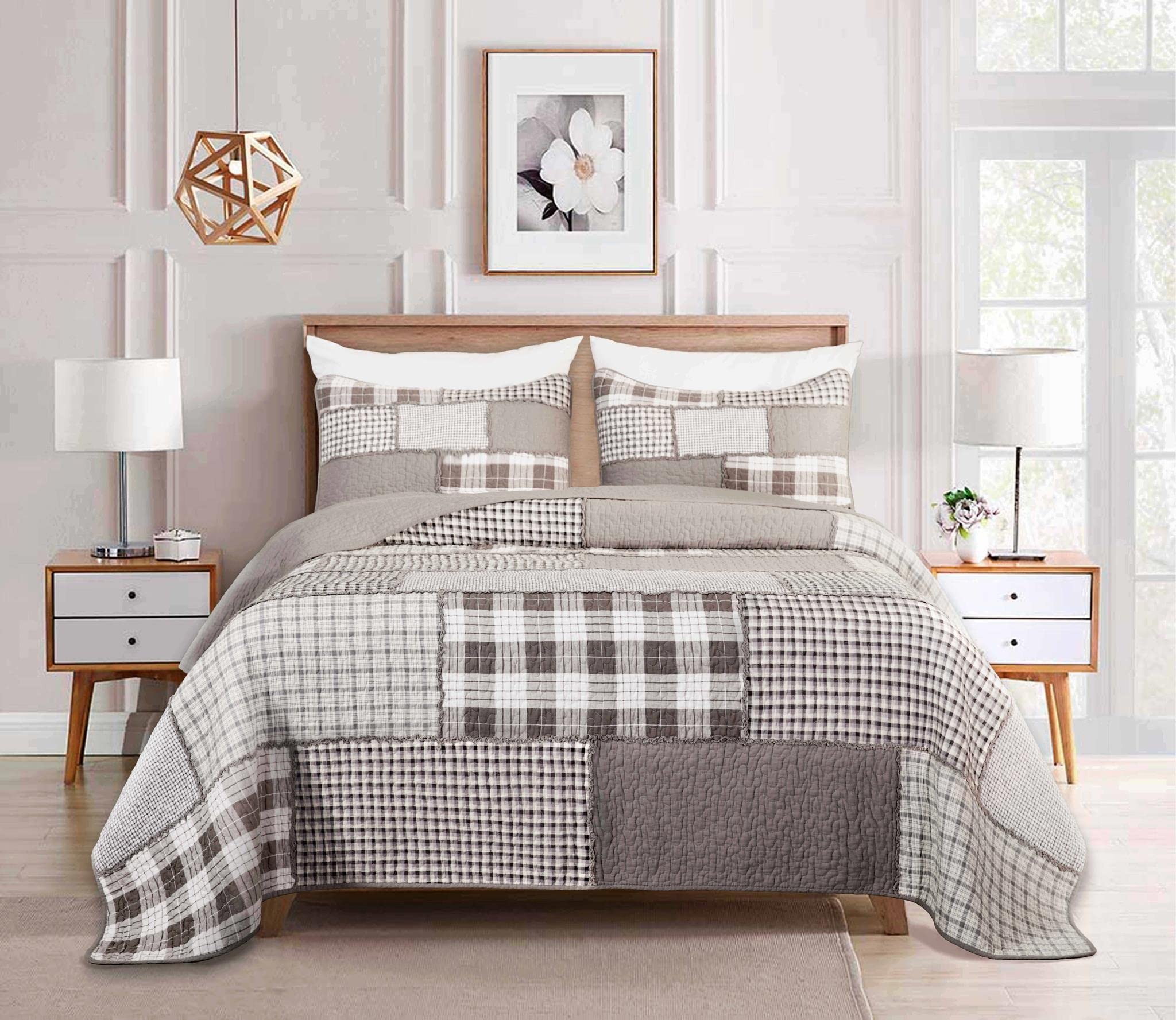 Chezmoi Collection Washed Patchwork Cotton Quilt Set - Soft Lightweight Breathable Reversible Quilted Bedspread for All Seasons