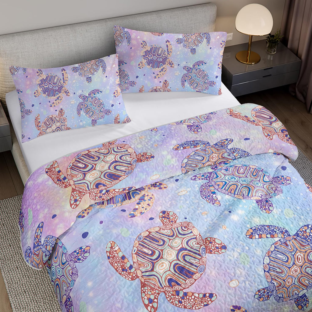 OUIXOTIC 3pcs Sea Quilt Bedding Set - Boho Coastal Style! Indigo Blue Beach Reversible Quilt with Pillow Cases, Lightweight Bedspread Coverlet, Soft Comforter
