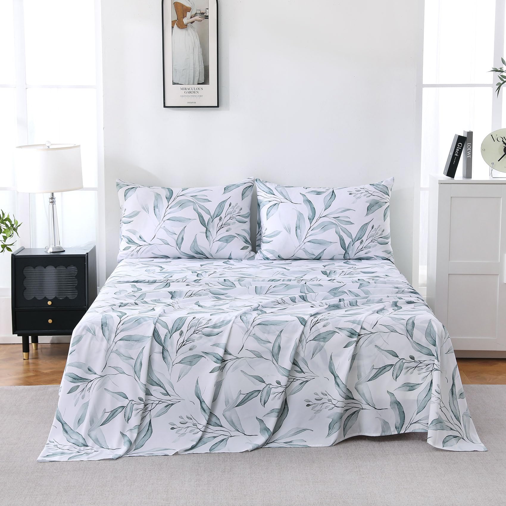 Yibeizi Floral Printed Sheet Set, Boho Pattern Bed Sheets Cooling Bedding Sheets & Pillowcases Soft Microfiber 15" Extra Deep Pocket Fitted Bedsheet 4 Piece