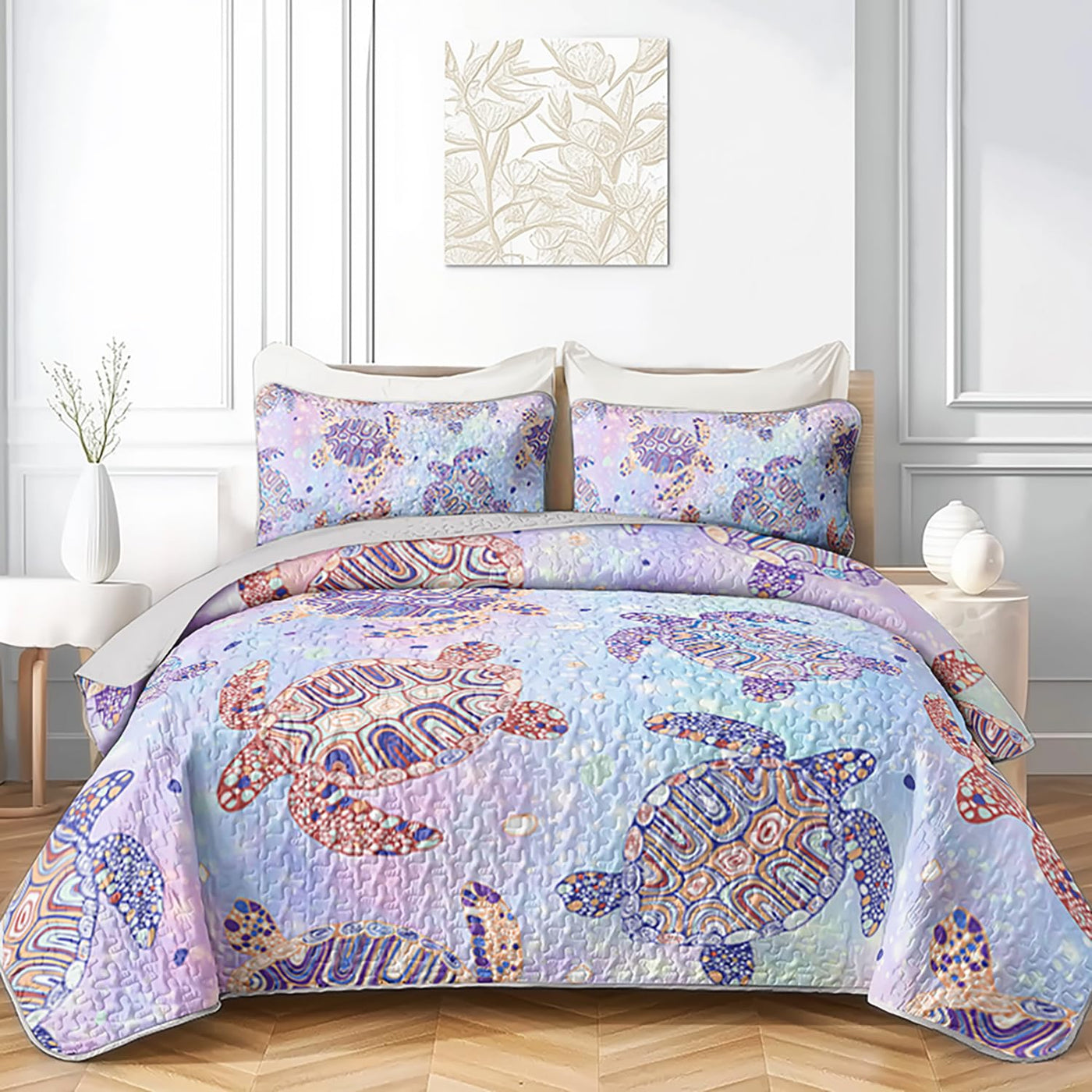 OUIXOTIC Indigo Coastal Reversible 3-Piece Quilt Set