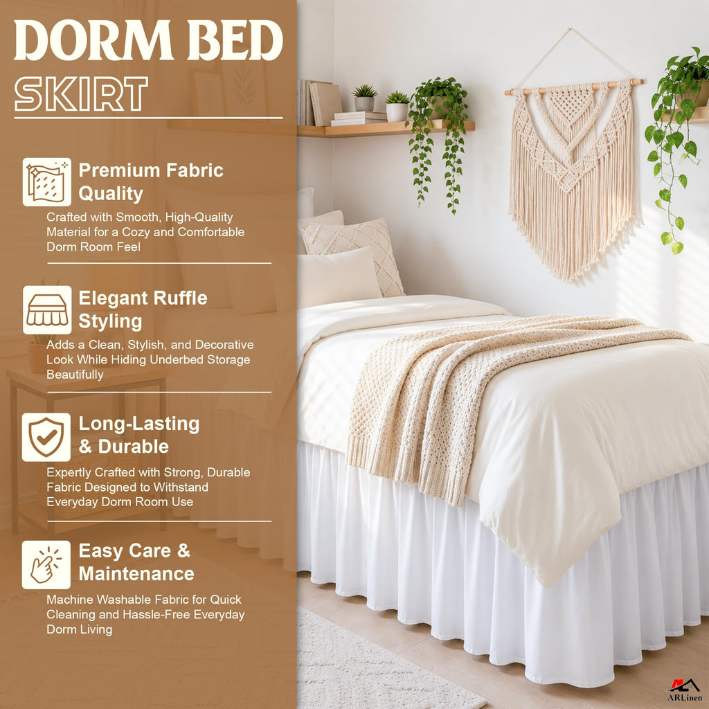 ARlinen College Dorm Bedding Bundle – Twin White Comforter & Twin XL 32 Inch Extra Long Dorm Bed Skirt Set