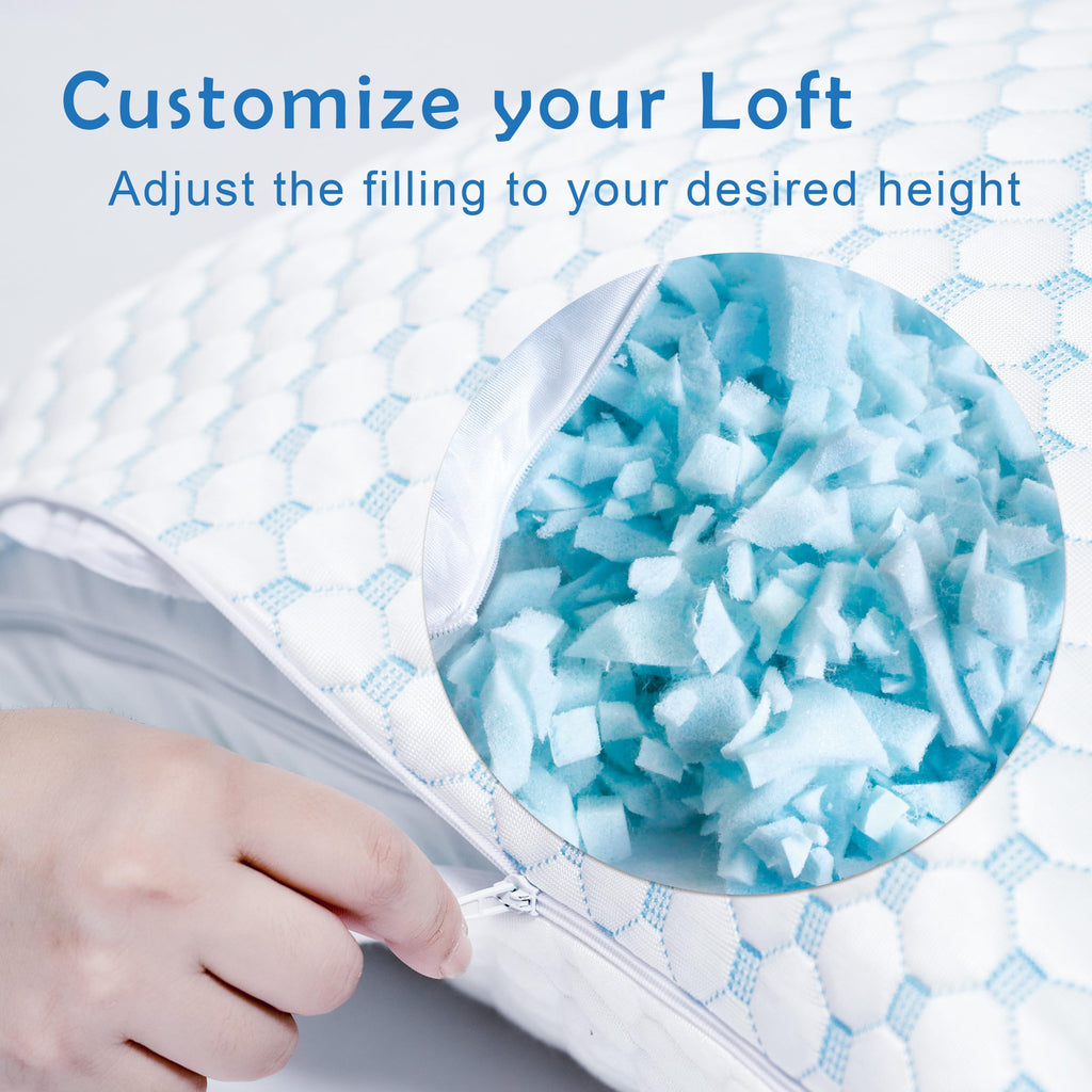 JMZANSI Premium Adjustable Shredded Memory Foam Pillow - Suitable for Side, Back, and Stomach Sleepers, with Cooling Fiber Machine Washable Cover