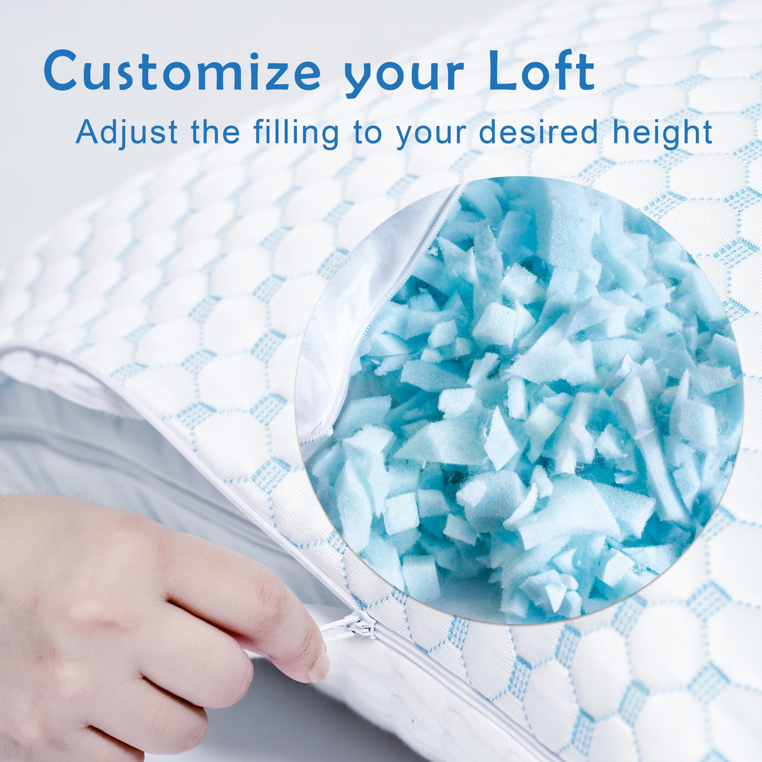 JMZANSI Premium Adjustable Shredded Memory Foam Pillow - Suitable for Side, Back, and Stomach Sleepers, with Cooling Fiber Machine Washable Cover