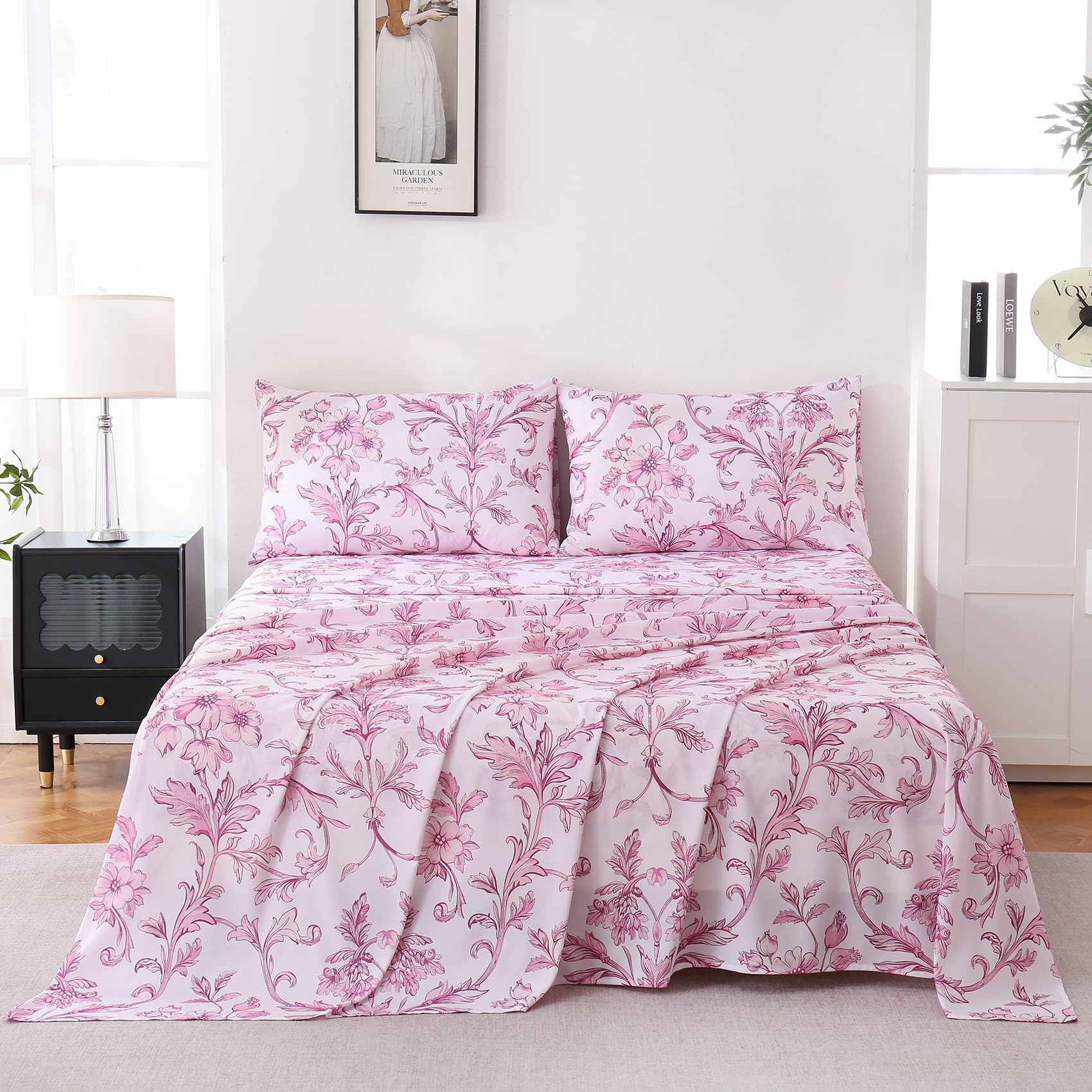 Yibeizi Floral Printed Sheet Set, Boho Pattern Bed Sheets Cooling Bedding Sheets & Pillowcases Soft Microfiber 15" Extra Deep Pocket Fitted Bedsheet 4 Piece