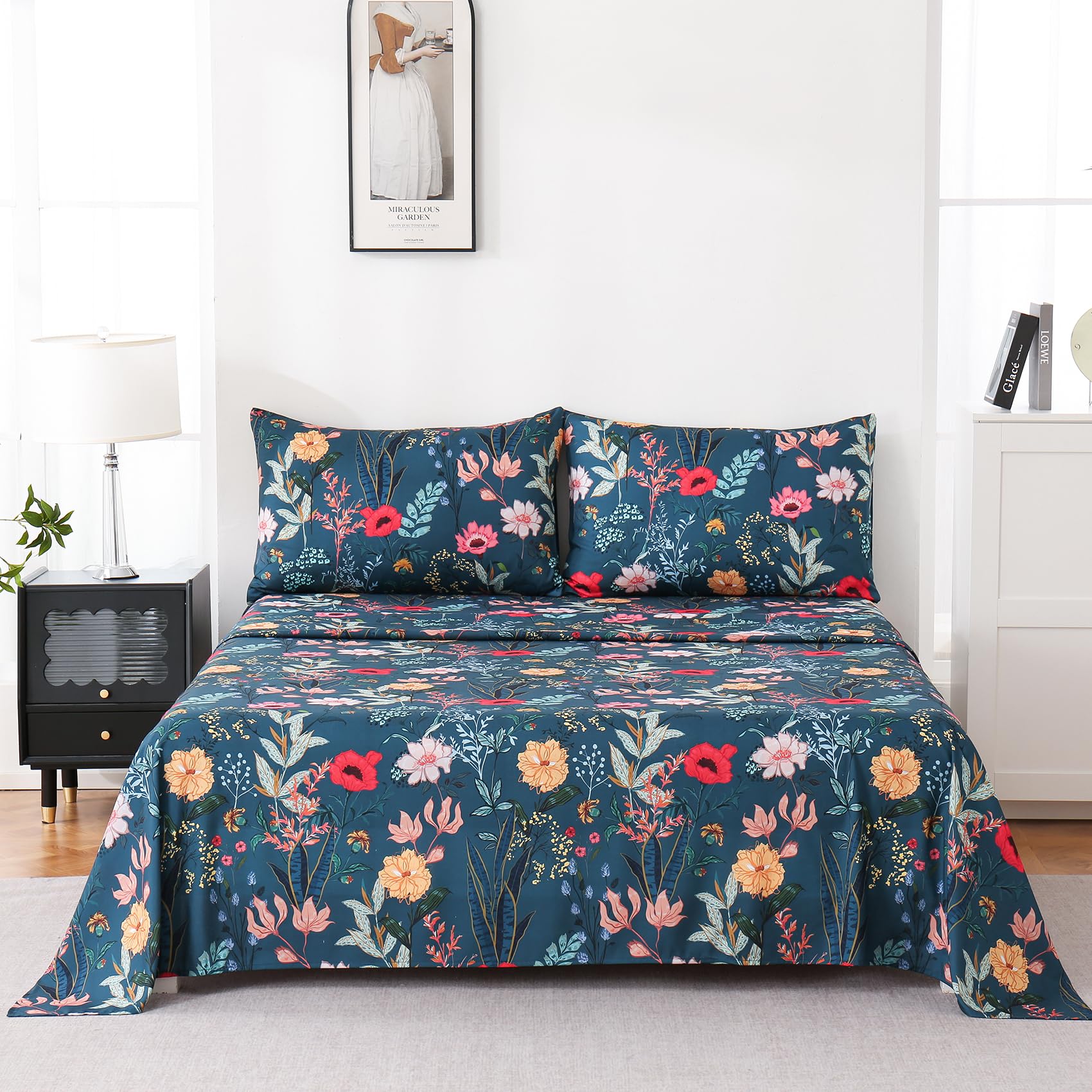 Yibeizi Floral Printed Sheet Set, Boho Pattern Bed Sheets Cooling Bedding Sheets & Pillowcases Soft Microfiber 15" Extra Deep Pocket Fitted Bedsheet 4 Piece