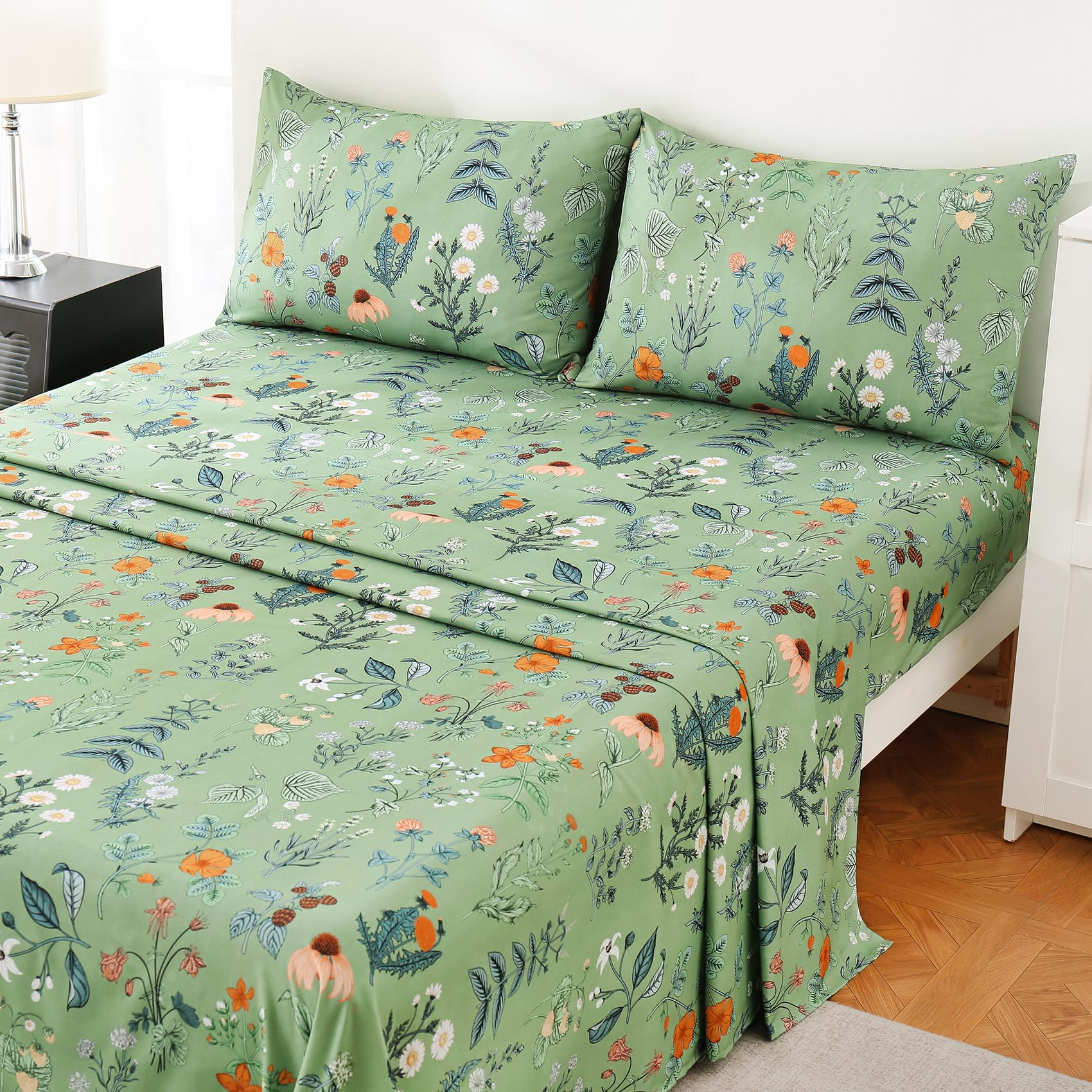 Yibeizi Floral Printed Sheet Set, Boho Pattern Bed Sheets Cooling Bedding Sheets & Pillowcases Soft Microfiber 15" Extra Deep Pocket Fitted Bedsheet 4 Piece