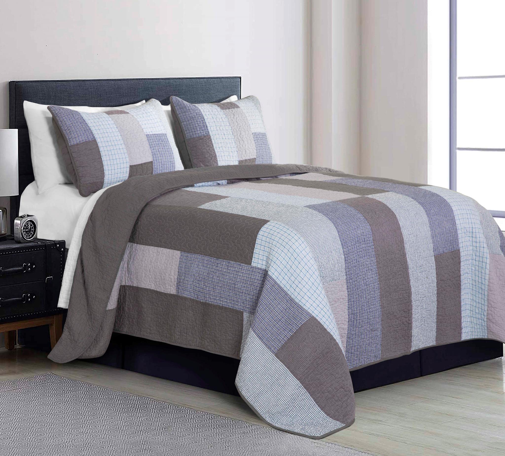 Chezmoi Collection Washed Patchwork Cotton Quilt Set - Soft Lightweight Breathable Reversible Quilted Bedspread for All Seasons
