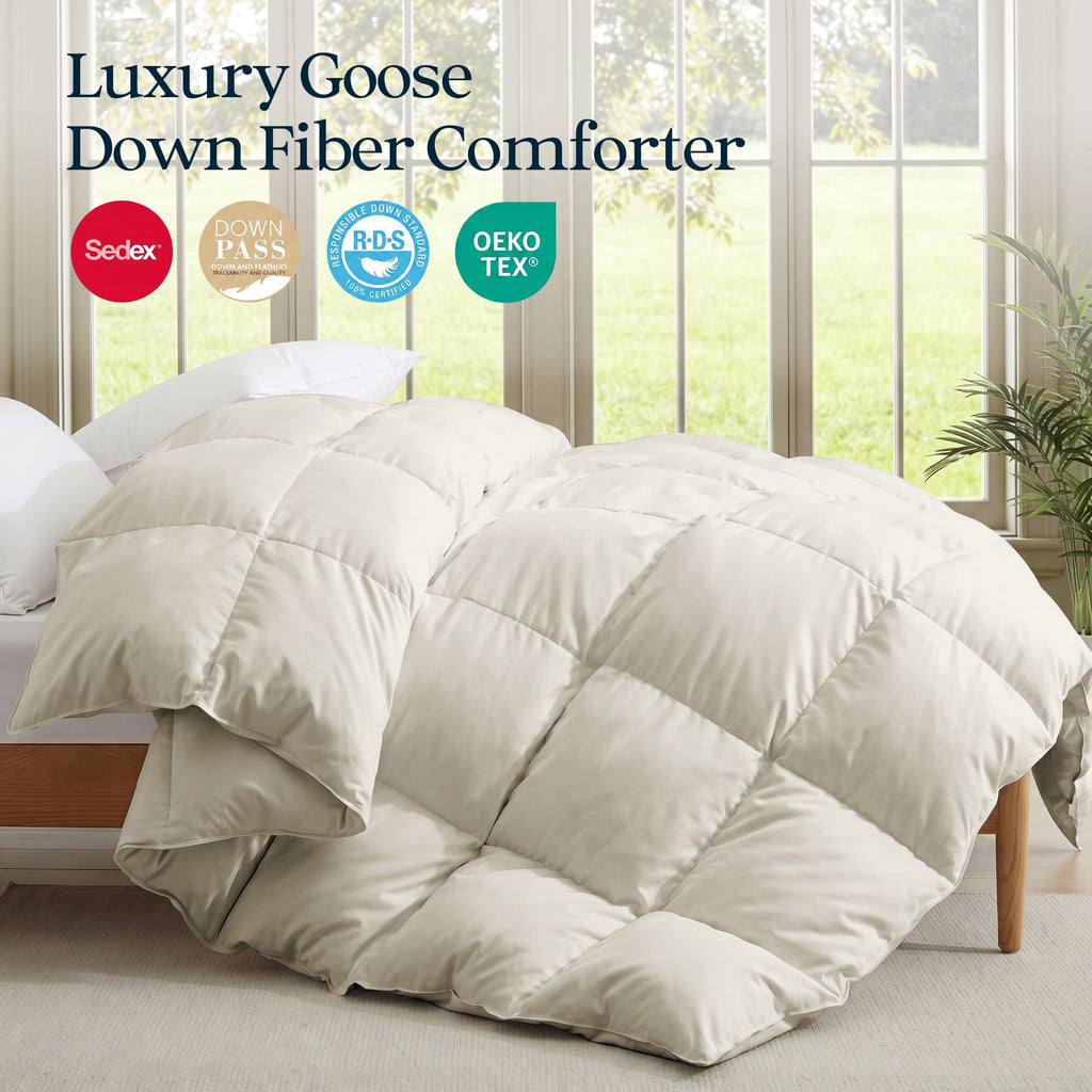 UNIKOME Goose Feather Down Fiber Comforter, All Season Hotel Luxury Bedding Comforter, Ultra Soft Fluffy Duvet Insert with Downproof Cover, 8 Corner Loops