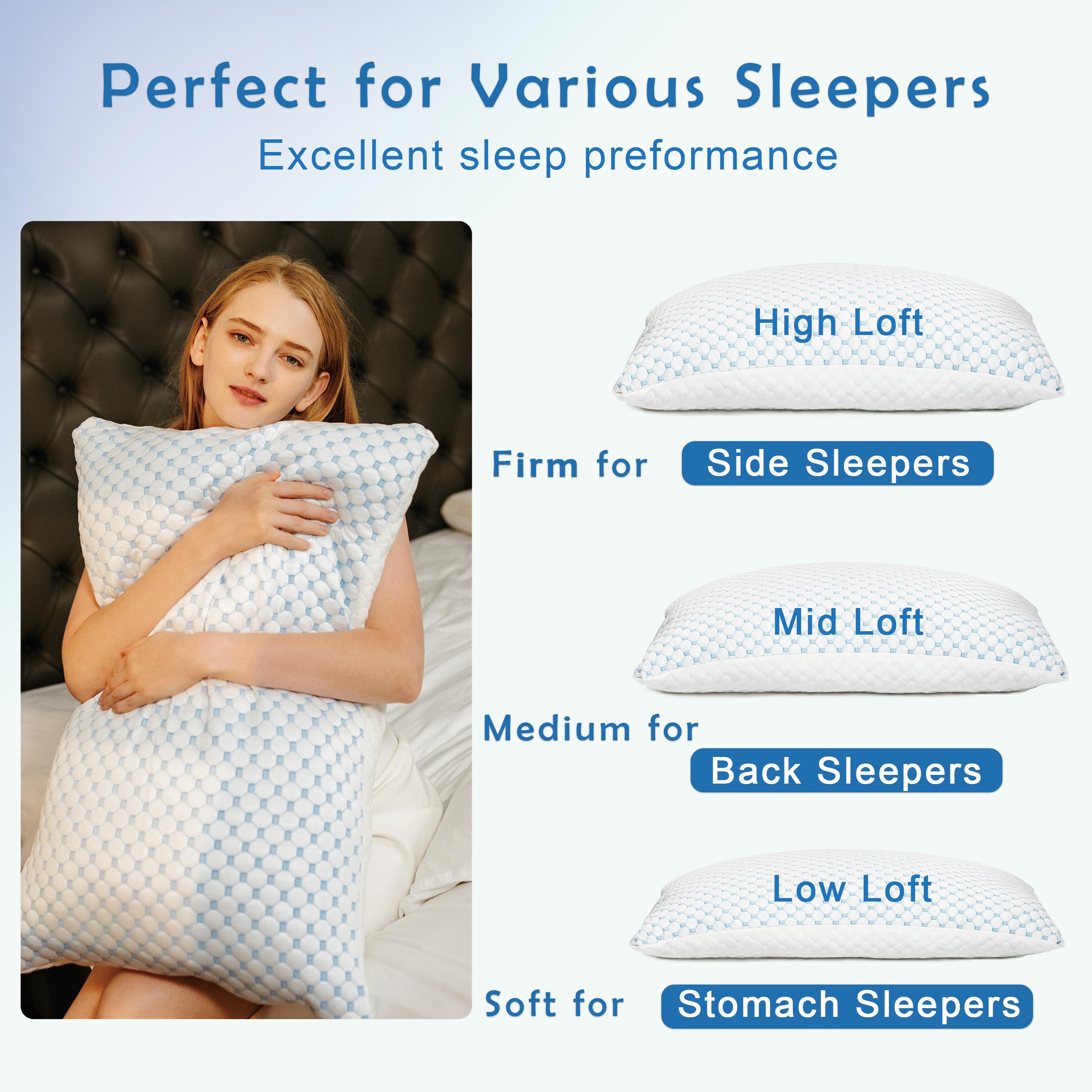 JMZANSI Premium Adjustable Shredded Memory Foam Pillow - Suitable for Side, Back, and Stomach Sleepers, with Cooling Fiber Machine Washable Cover