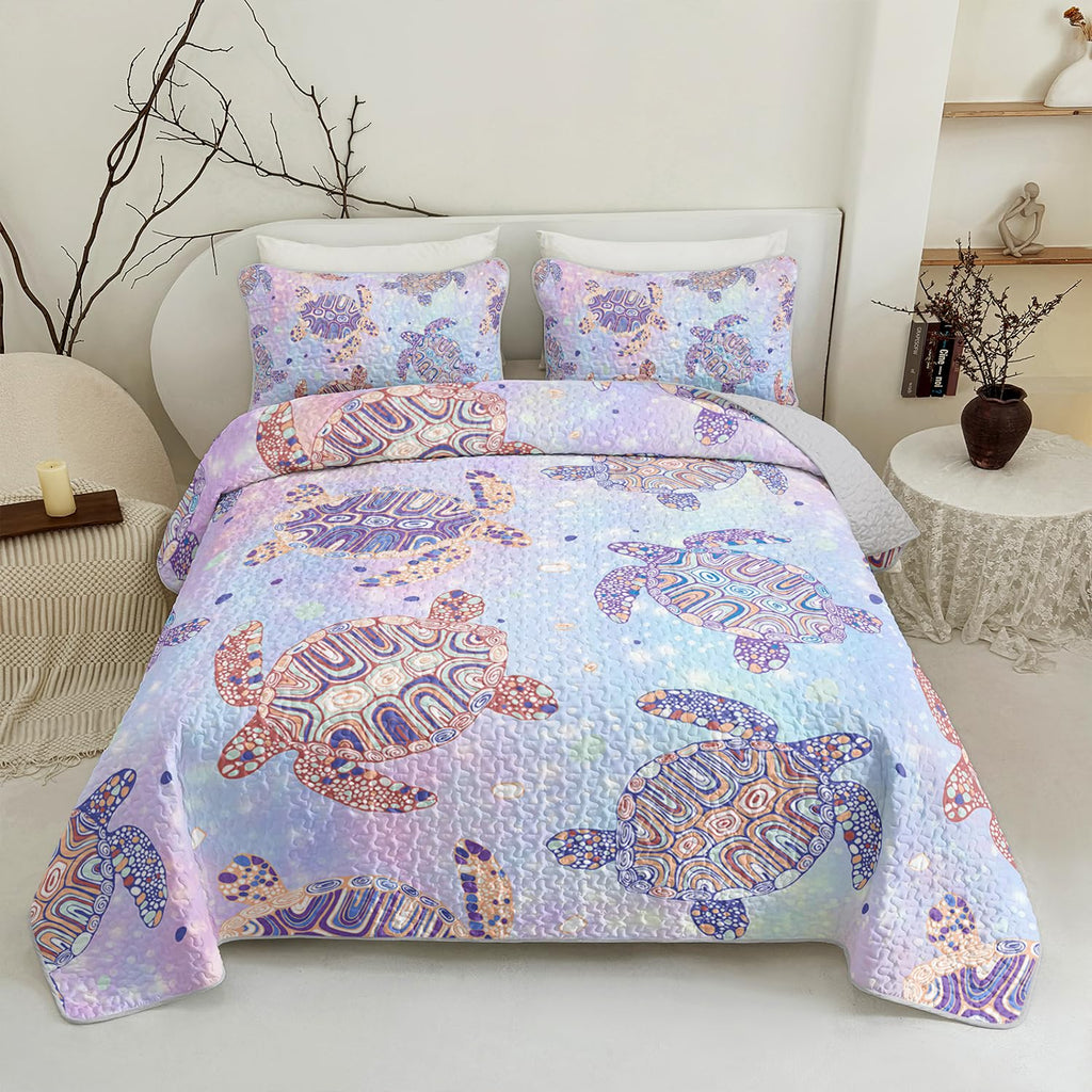 OUIXOTIC 3pcs Sea Quilt Bedding Set - Boho Coastal Style! Indigo Blue Beach Reversible Quilt with Pillow Cases, Lightweight Bedspread Coverlet, Soft Comforter