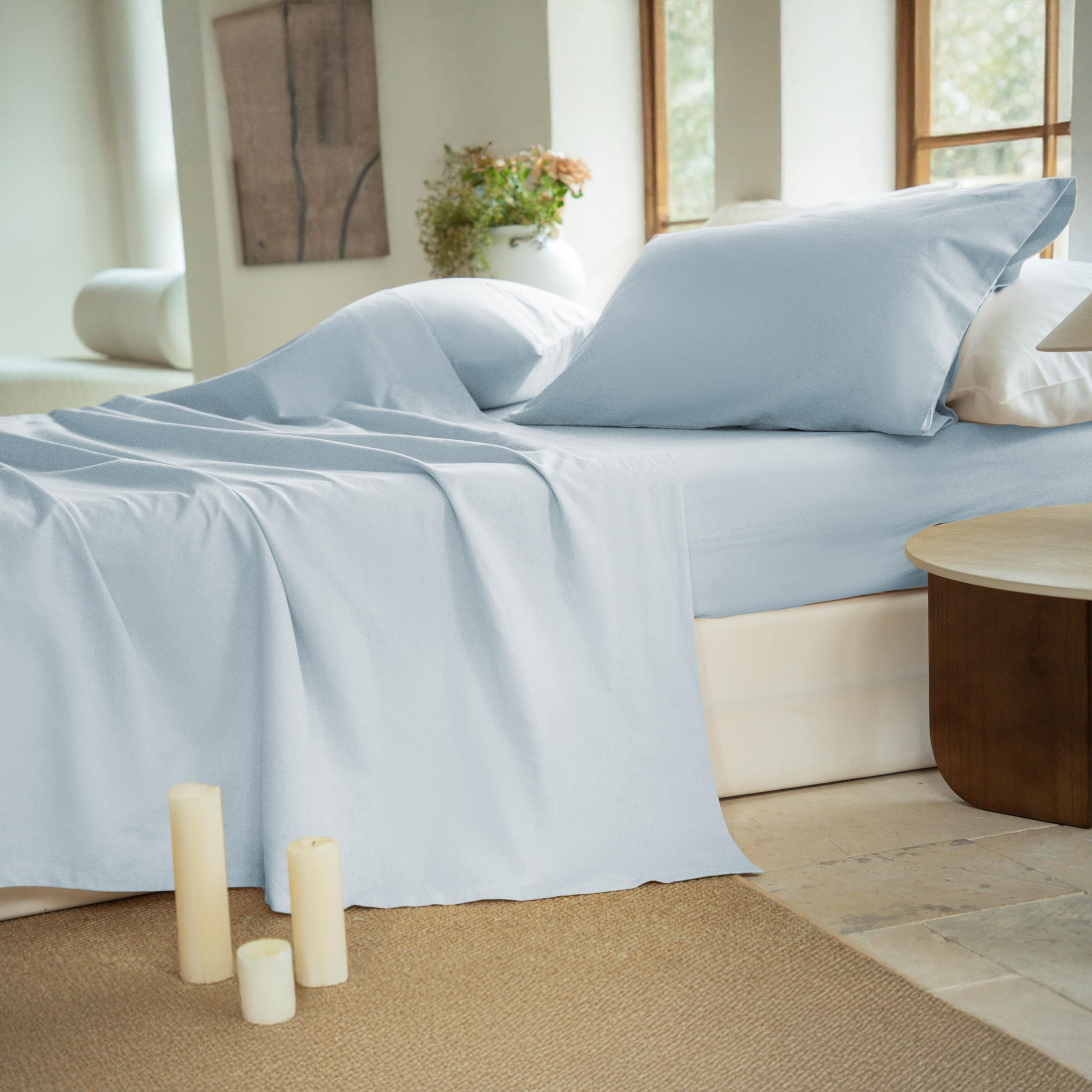 NUMWELL Linen Sheet Set, Linen Cotton Blend Sheets Set 4pcs, 1 Flat Sheet, 1 Fitted Sheet & 2 Pillowcases, Cooling Breathable Farmhouse Bedding for All Season