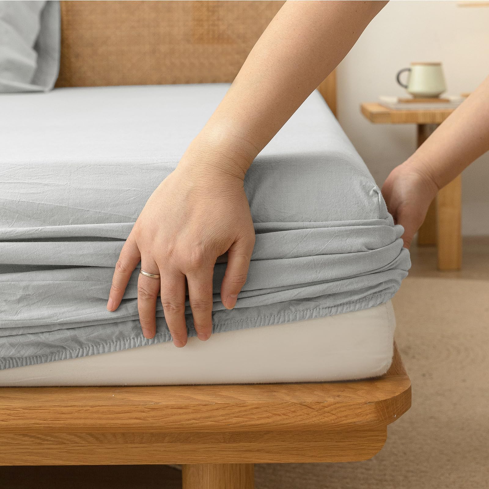 BESTOUCH Fitted Sheet Only 100% Washed Cotton Linen Feel Easily Fits Deep Pockets up to 17 inch Solid Color Fitted Sheet