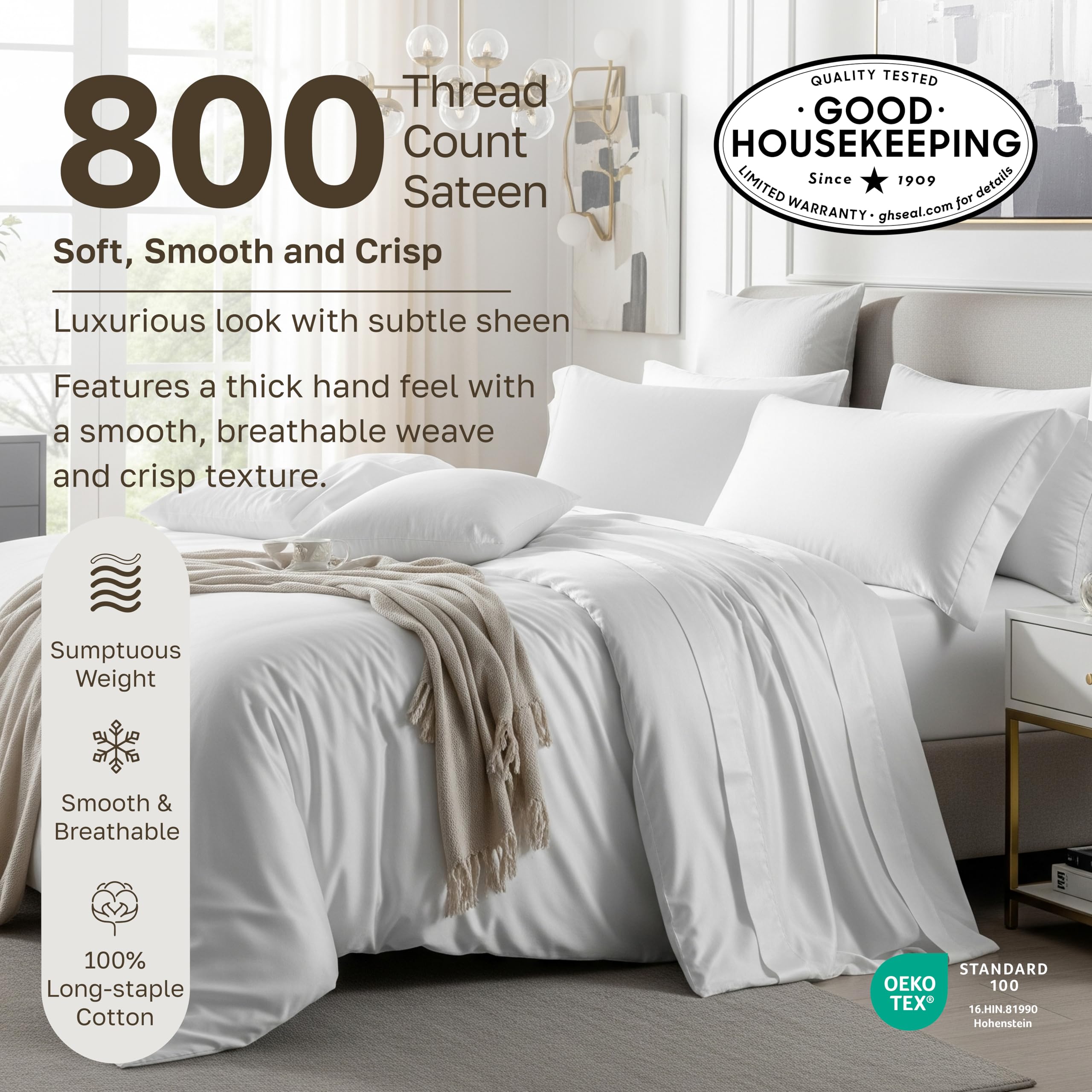 California Design Den Luxury Bed Sheets, Buttery Soft 800 Thread Count, 100% Cotton Sheets, Sateen with Deep Pocket Fitted Sheet