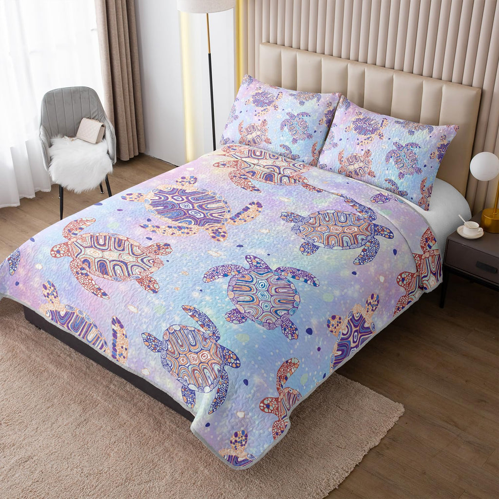 OUIXOTIC 3pcs Sea Quilt Bedding Set - Boho Coastal Style! Indigo Blue Beach Reversible Quilt with Pillow Cases, Lightweight Bedspread Coverlet, Soft Comforter