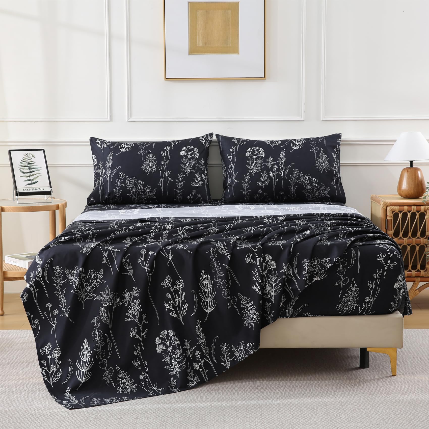Yibeizi Floral Printed Sheet Set, Boho Pattern Bed Sheets Cooling Bedding Sheets & Pillowcases Soft Microfiber 15" Extra Deep Pocket Fitted Bedsheet 4 Piece