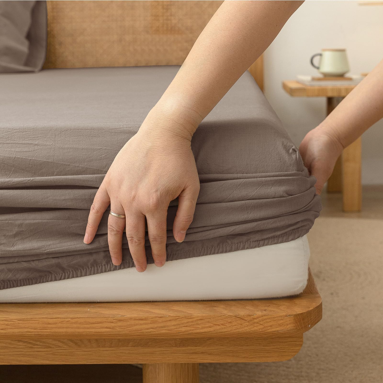 BESTOUCH Fitted Sheet Only 100% Washed Cotton Linen Feel Easily Fits Deep Pockets up to 17 inch Solid Color Fitted Sheet