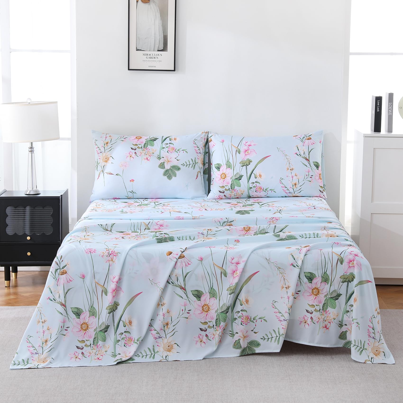 Yibeizi Floral Printed Sheet Set, Boho Pattern Bed Sheets Cooling Bedding Sheets & Pillowcases Soft Microfiber 15" Extra Deep Pocket Fitted Bedsheet 4 Piece