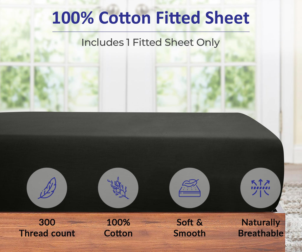 ROYALE LINENS 300 Thread Count 100% Long Staple Combed Cotton Fitted Sheet - Super Soft Deep Pocket Bottom Sheet - Fitted Sheet - Fitted Sheet Only - Elastic Sheet