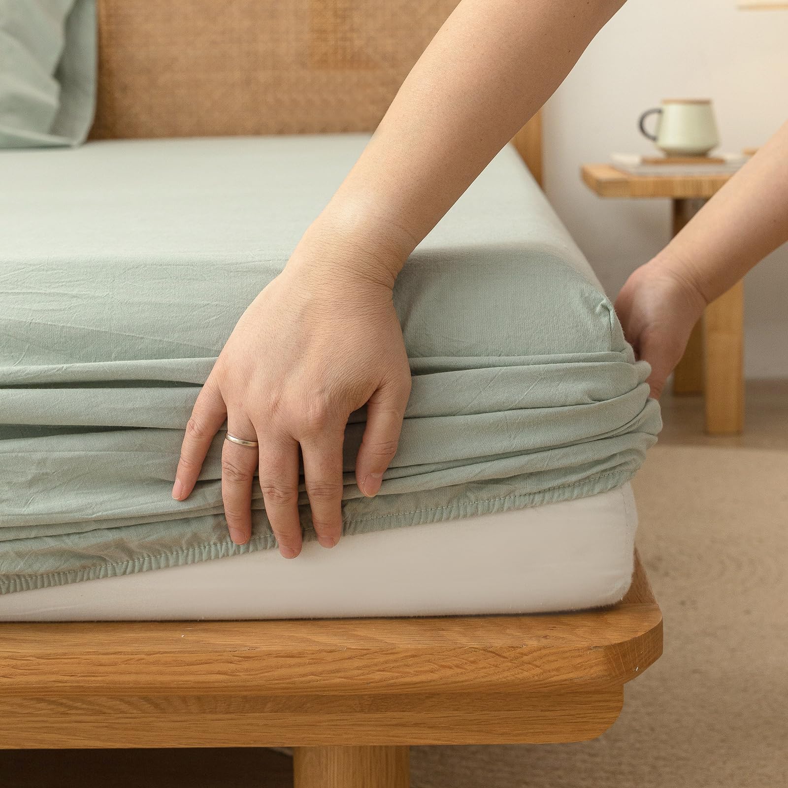 BESTOUCH Fitted Sheet Only 100% Washed Cotton Linen Feel Easily Fits Deep Pockets up to 17 inch Solid Color Fitted Sheet