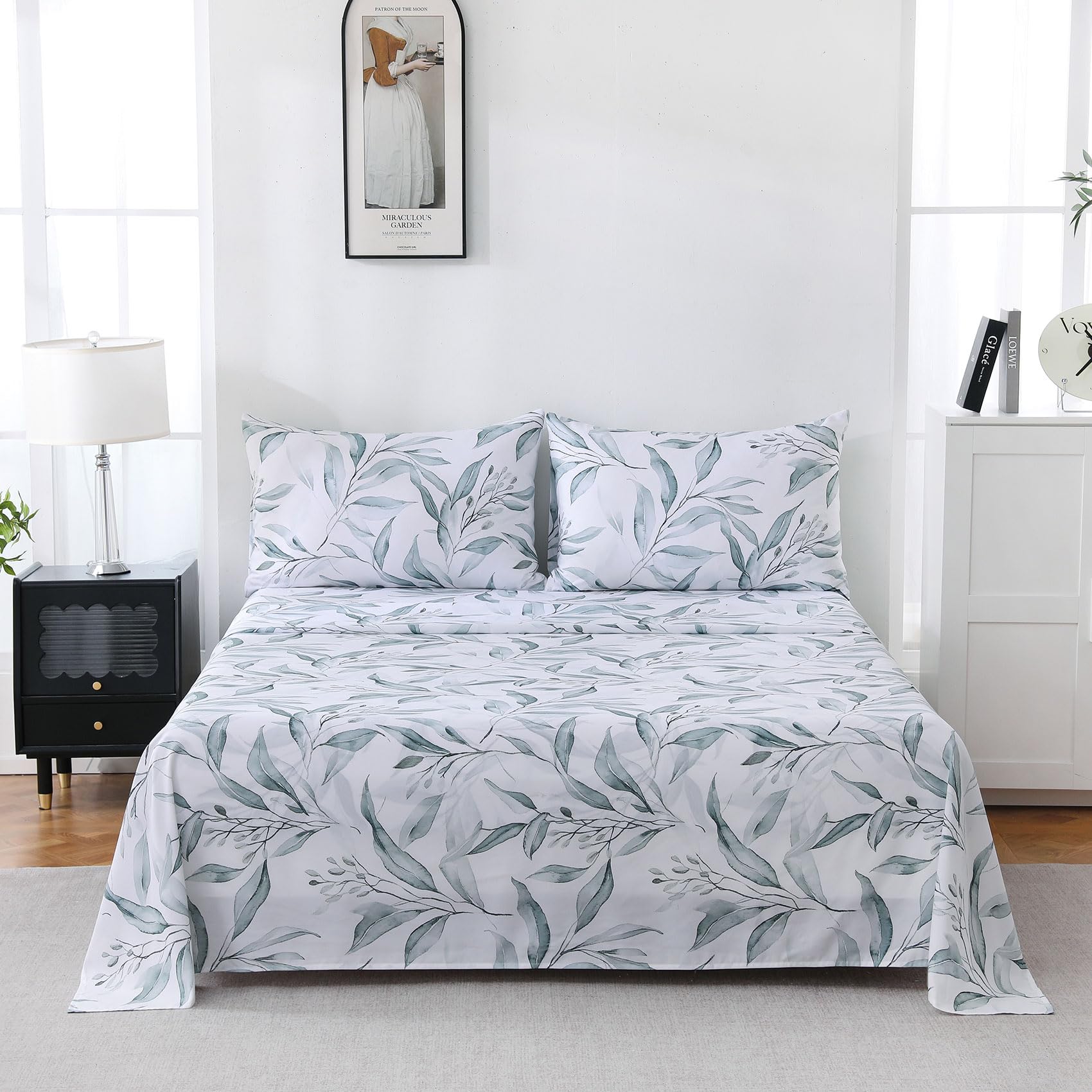 Yibeizi Floral Printed Sheet Set, Boho Pattern Bed Sheets Cooling Bedding Sheets & Pillowcases Soft Microfiber 15" Extra Deep Pocket Fitted Bedsheet 4 Piece
