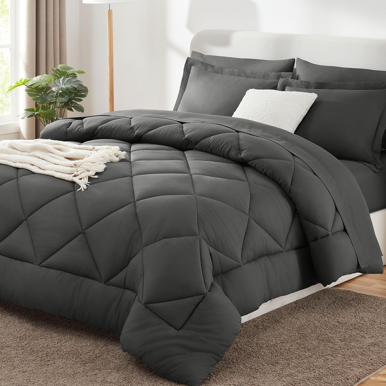 CozyLux Dark Grey Queen 7-Piece Comforter Set