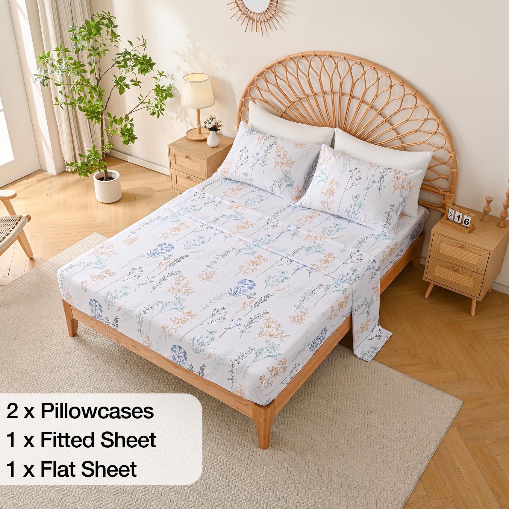 Yibeizi Floral Printed Sheet Set, Boho Pattern Bed Sheets Cooling Bedding Sheets & Pillowcases Soft Microfiber 15" Extra Deep Pocket Fitted Bedsheet 4 Piece