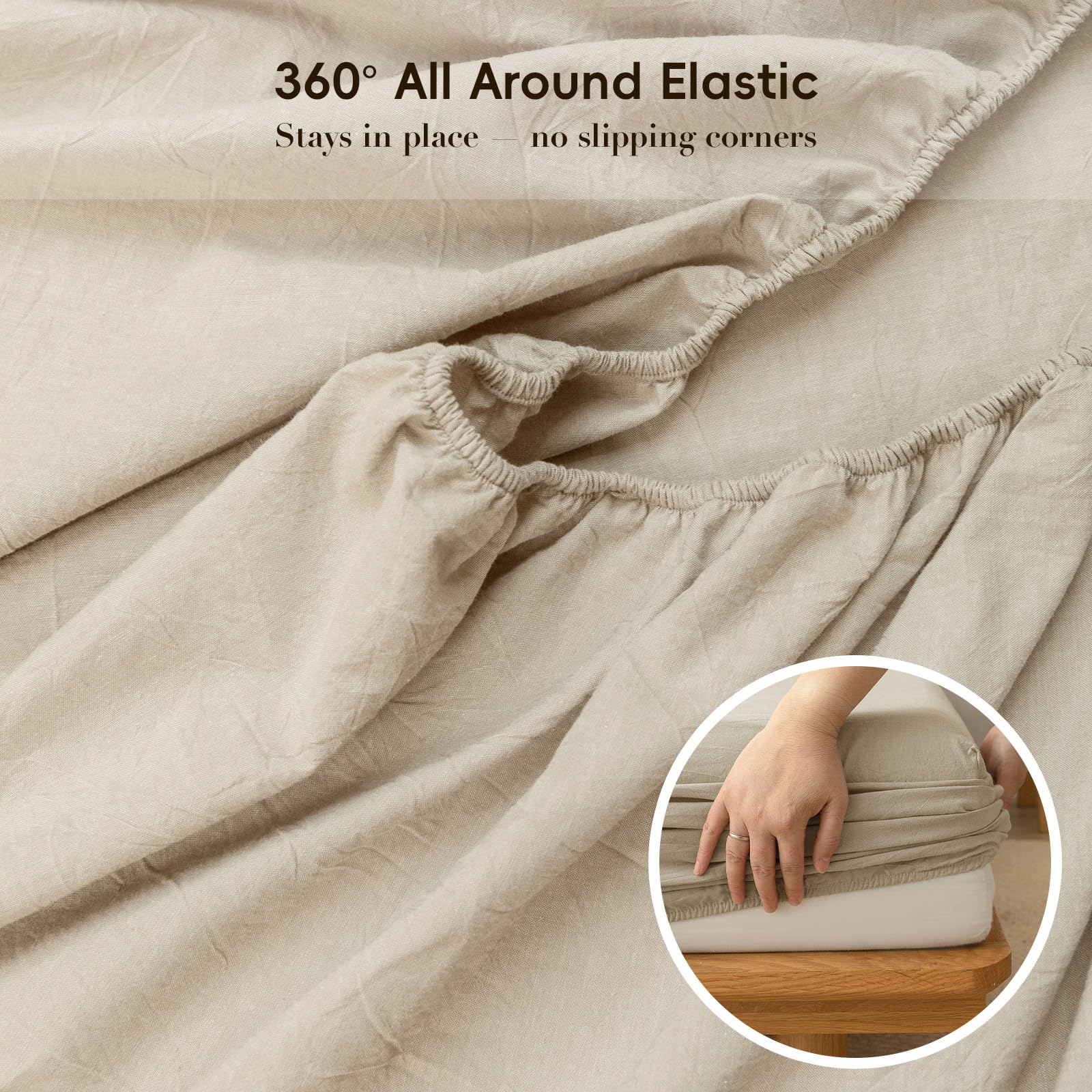BESTOUCH Fitted Sheet Only 100% Washed Cotton Linen Feel Easily Fits Deep Pockets up to 17 inch Solid Color Fitted Sheet