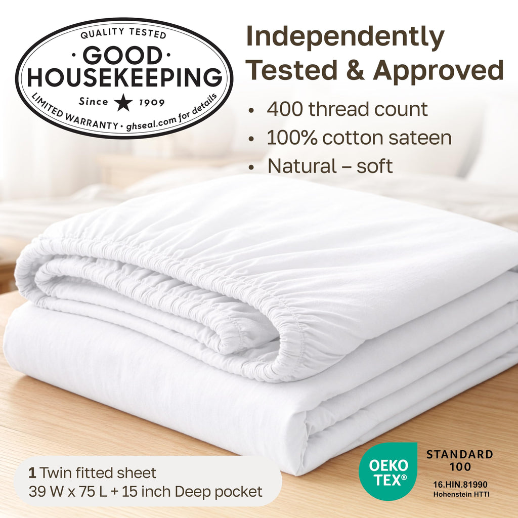 California Design Den 400 Thread Count Fitted Sheet 100% Cotton Sateen, Deep Pocket, Soft & Cooling.