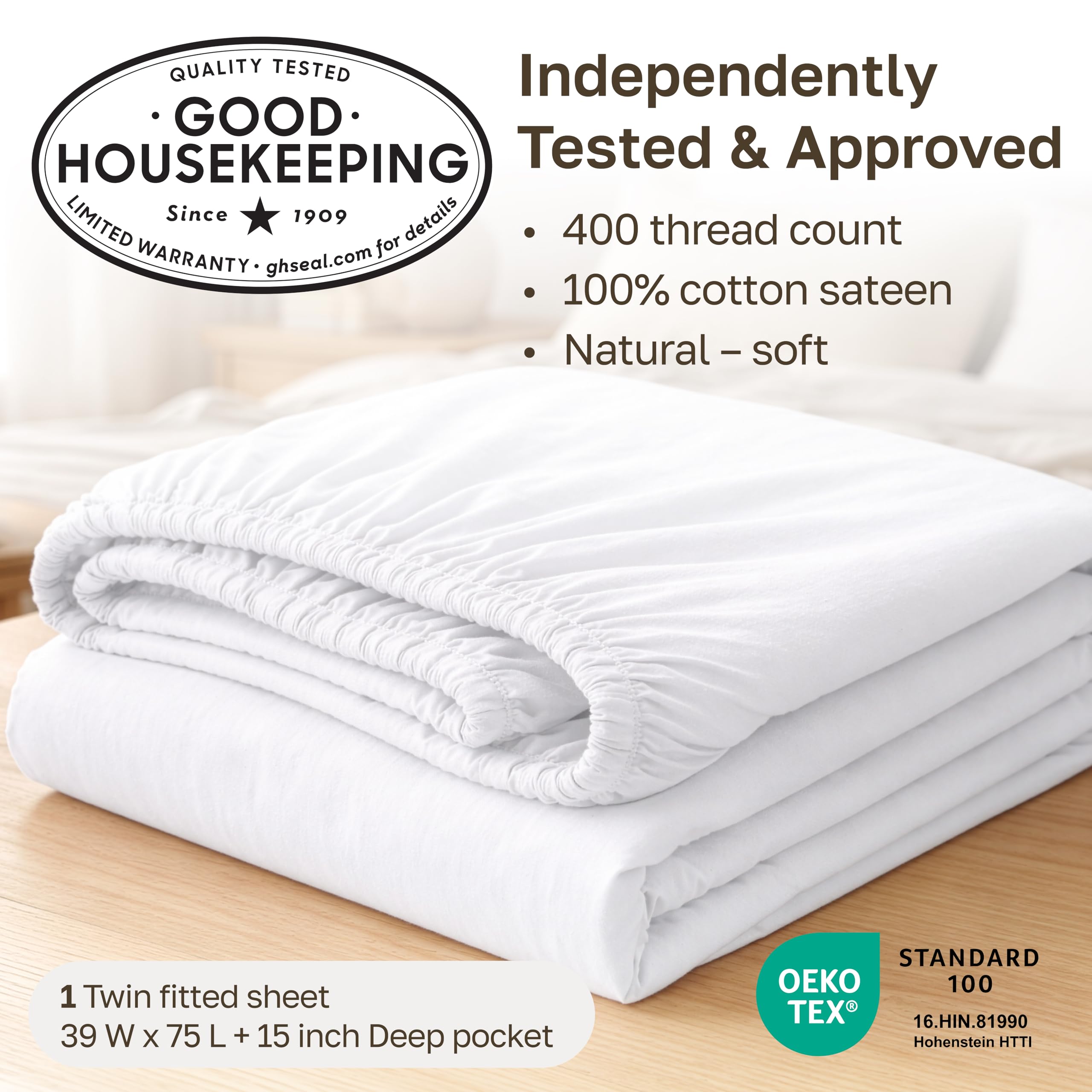 California Design Den 400 Thread Count Fitted Sheet 100% Cotton Sateen, Deep Pocket, Soft & Cooling.