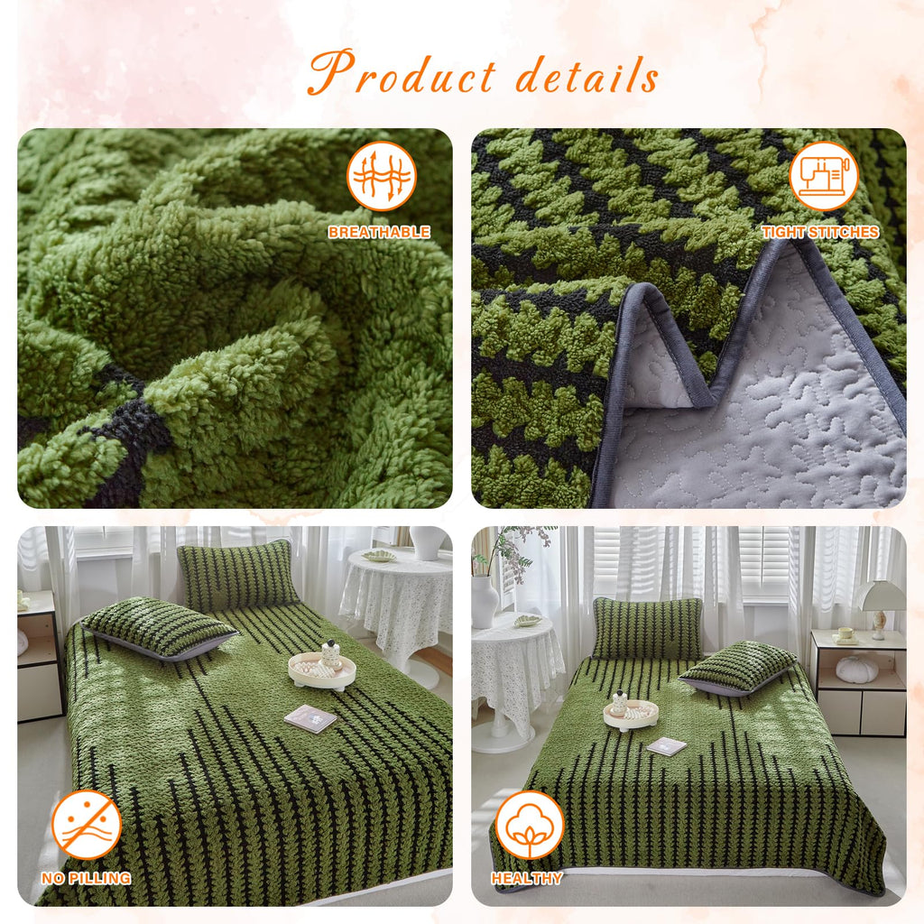 Tititada 3 Pieces Luxury Velvet Boho Quilt Sets Queen Size, Lightweight Decorative Bohemian Bedspread Set for All Season, Soft Coverlet with 2 Shams, Green