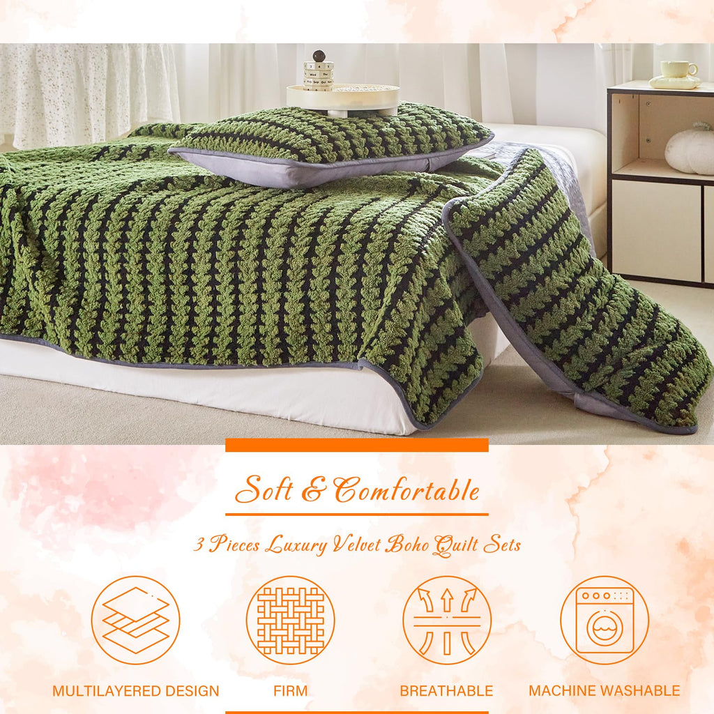 Tititada 3 Pieces Luxury Velvet Boho Quilt Sets Queen Size, Lightweight Decorative Bohemian Bedspread Set for All Season, Soft Coverlet with 2 Shams, Green