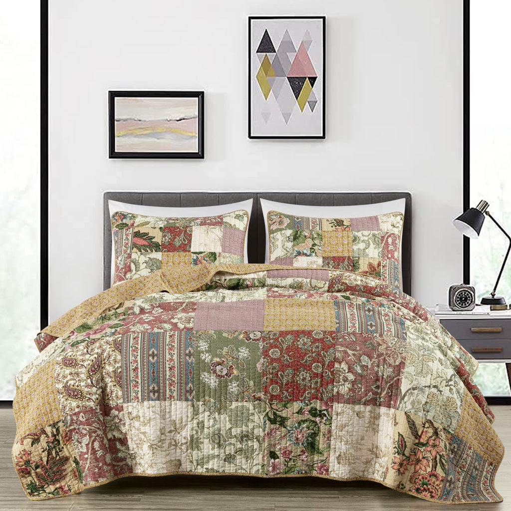 Chezmoi Collection Washed Patchwork Cotton Quilt Set - Soft Lightweight Breathable Reversible Quilted Bedspread for All Seasons