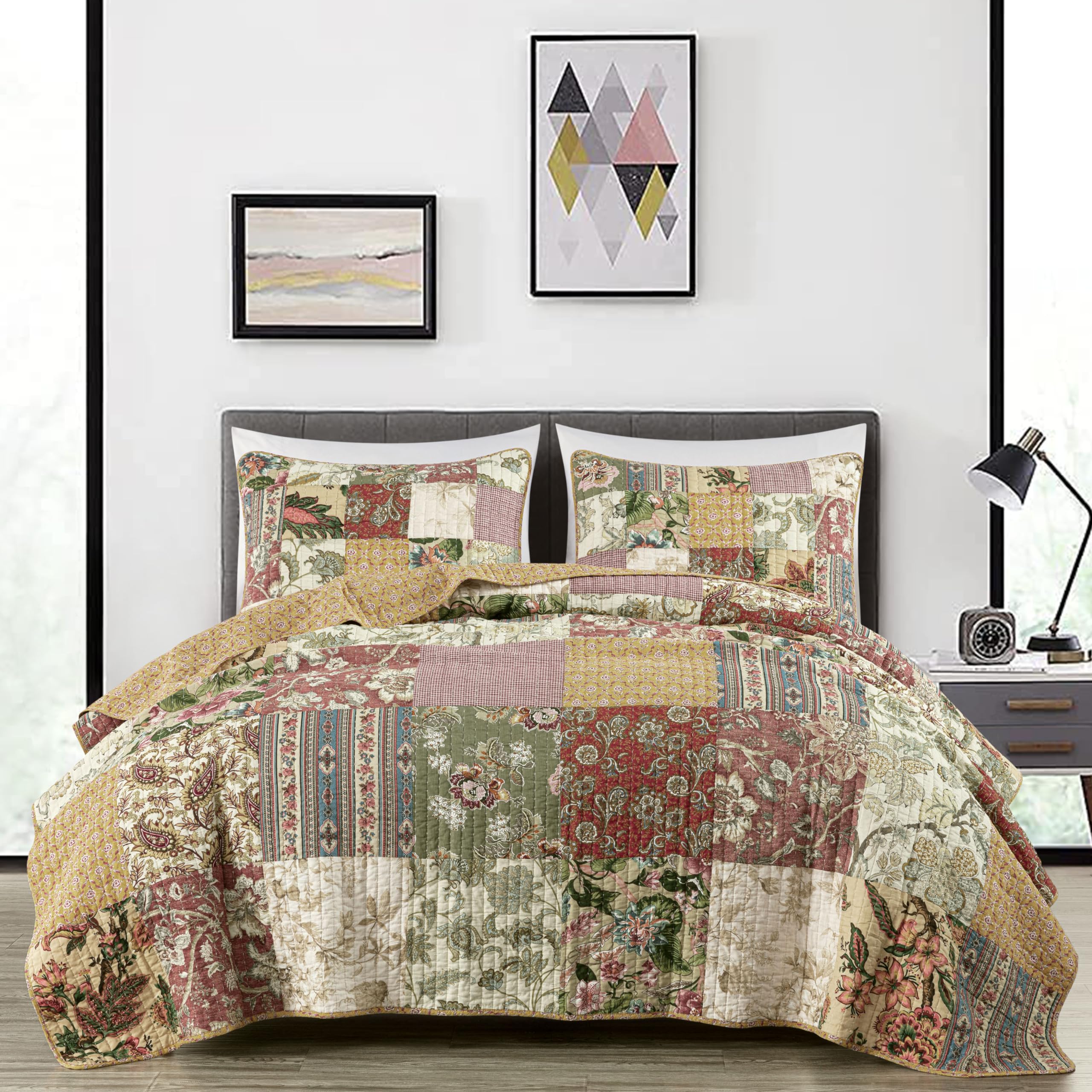Chezmoi Collection Washed Patchwork Cotton Quilt Set - Soft Lightweight Breathable Reversible Quilted Bedspread for All Seasons
