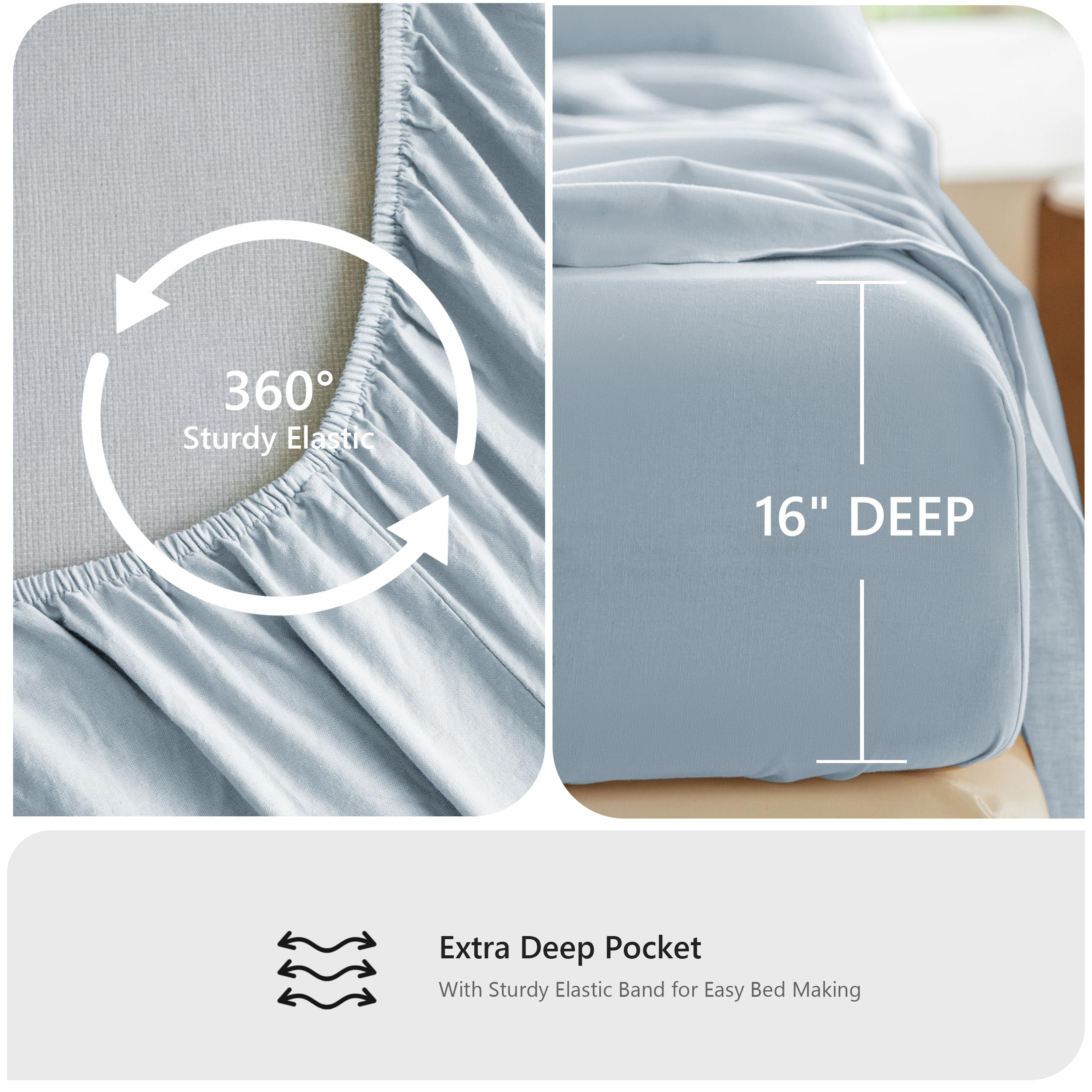 NUMWELL Linen Sheet Set, Linen Cotton Blend Sheets Set 4pcs, 1 Flat Sheet, 1 Fitted Sheet & 2 Pillowcases, Cooling Breathable Farmhouse Bedding for All Season