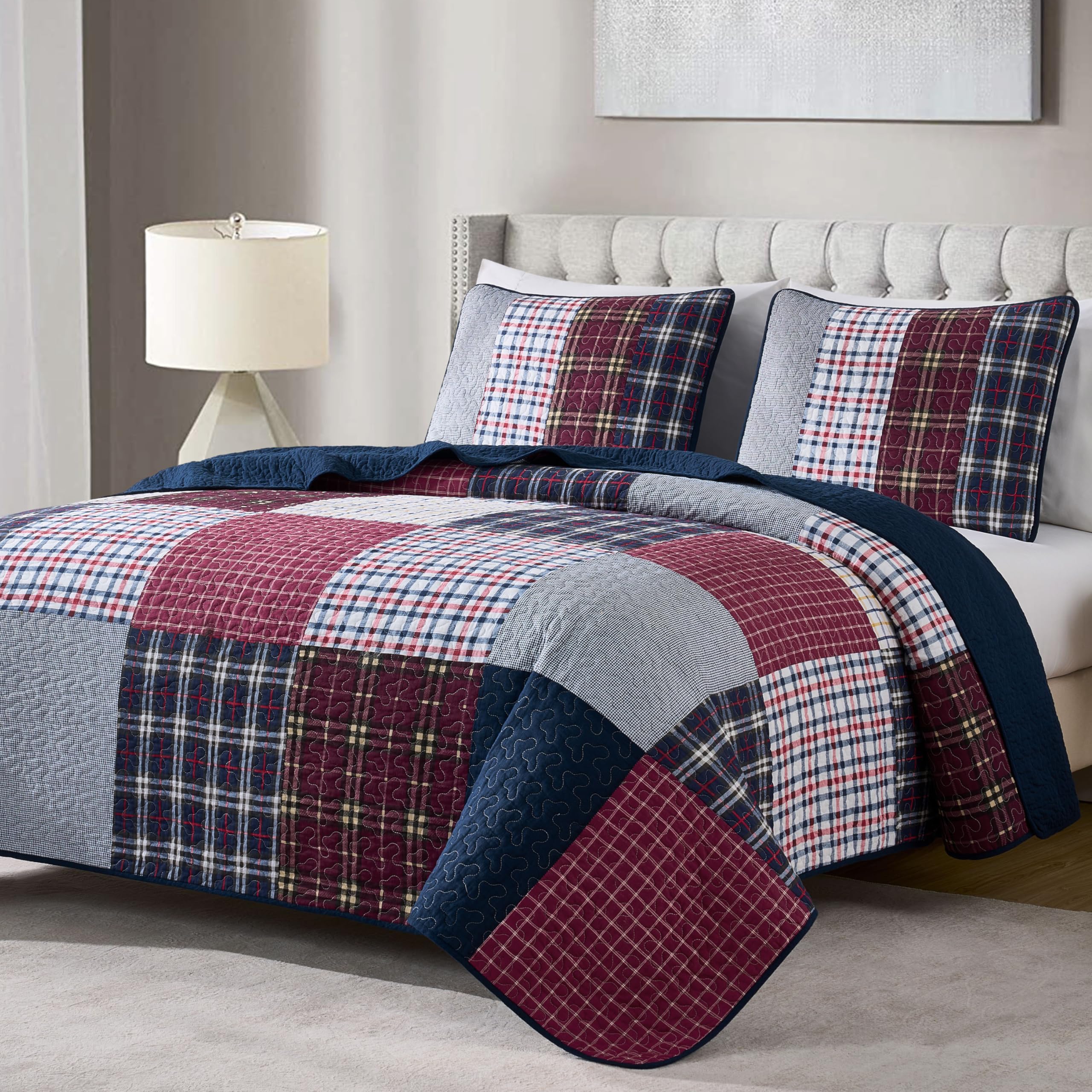 Chezmoi Collection Washed Patchwork Cotton Quilt Set - Soft Lightweight Breathable Reversible Quilted Bedspread for All Seasons