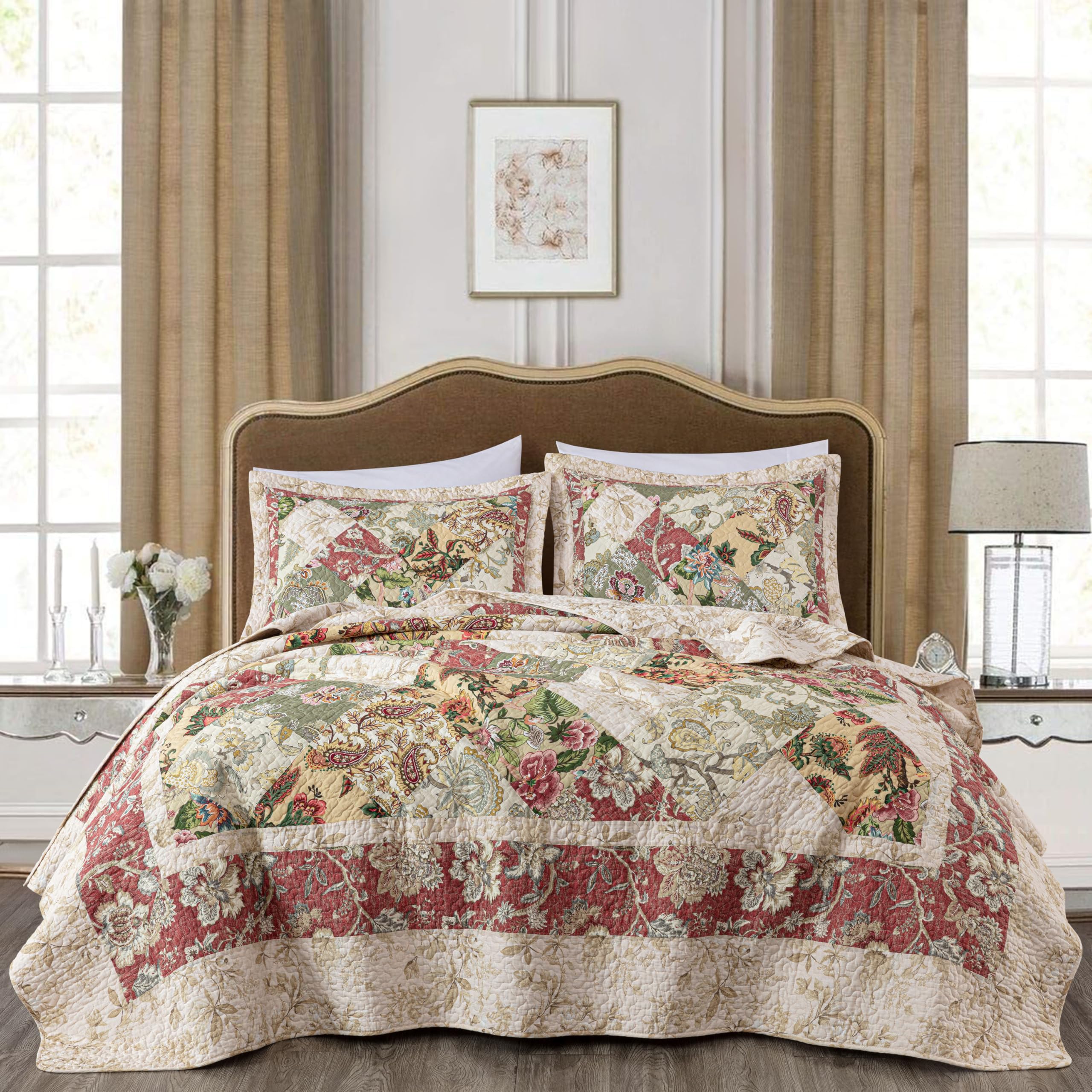 Chezmoi Collection Washed Patchwork Cotton Quilt Set - Soft Lightweight Breathable Reversible Quilted Bedspread for All Seasons