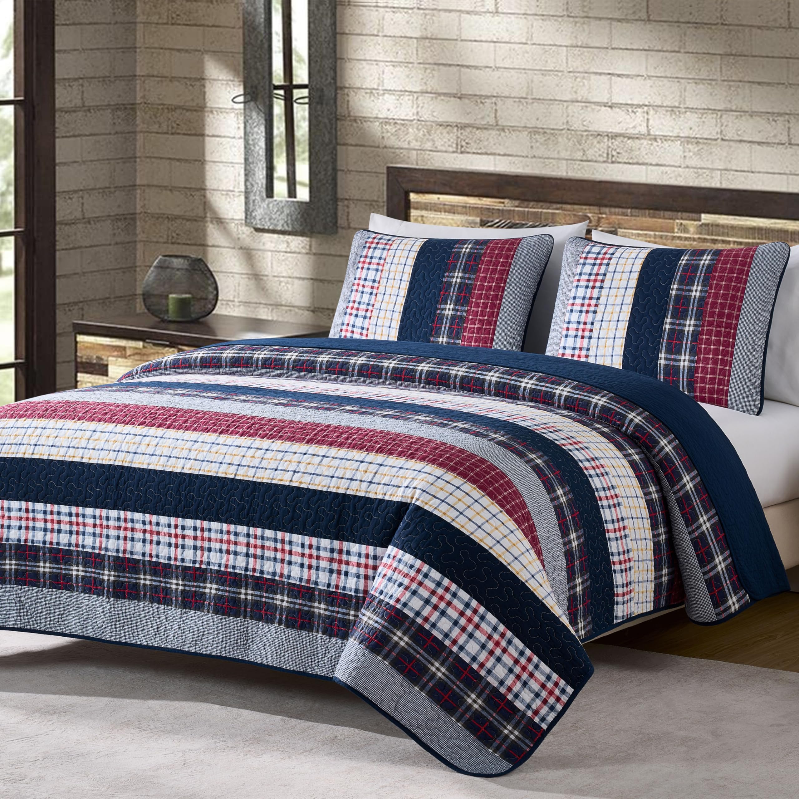 Chezmoi Collection Washed Patchwork Cotton Quilt Set - Soft Lightweight Breathable Reversible Quilted Bedspread for All Seasons
