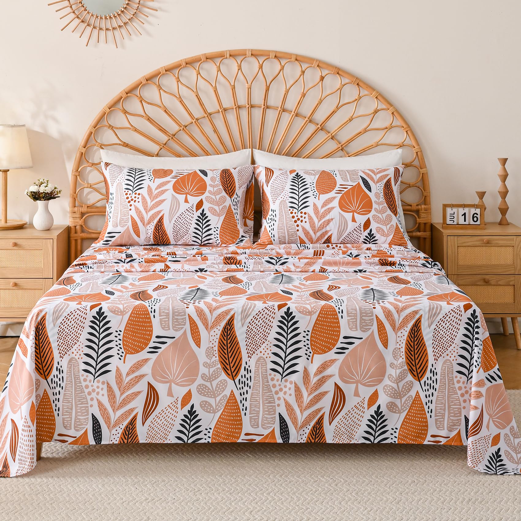 Yibeizi Floral Printed Sheet Set, Boho Pattern Bed Sheets Cooling Bedding Sheets & Pillowcases Soft Microfiber 15" Extra Deep Pocket Fitted Bedsheet 4 Piece