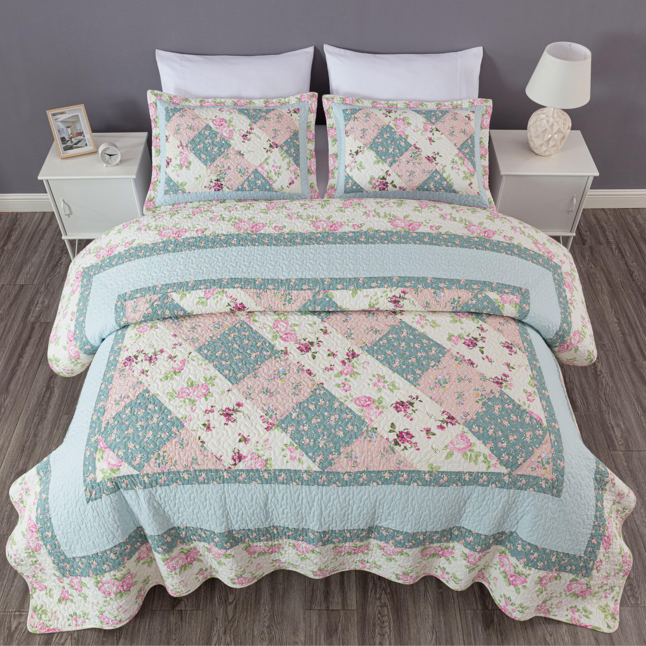 Chezmoi Collection Washed Patchwork Cotton Quilt Set - Soft Lightweight Breathable Reversible Quilted Bedspread for All Seasons