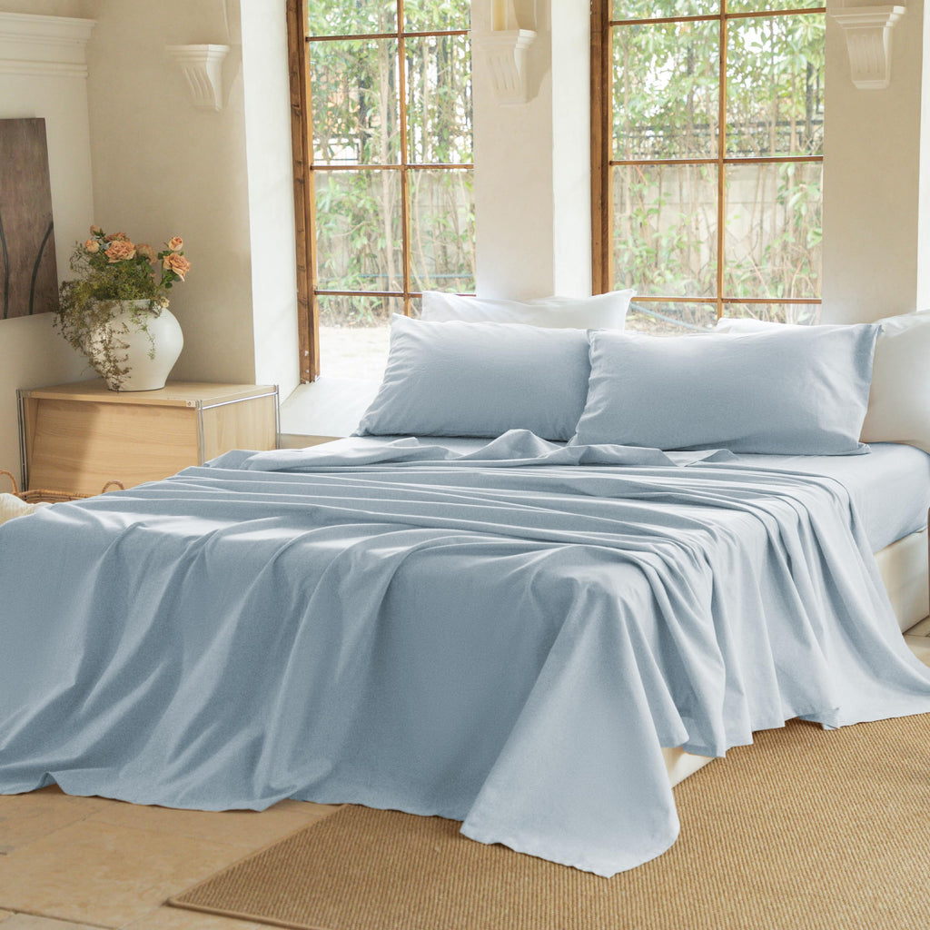 NUMWELL Linen Sheet Set, Linen Cotton Blend Sheets Set 4pcs, 1 Flat Sheet, 1 Fitted Sheet & 2 Pillowcases, Cooling Breathable Farmhouse Bedding for All Season