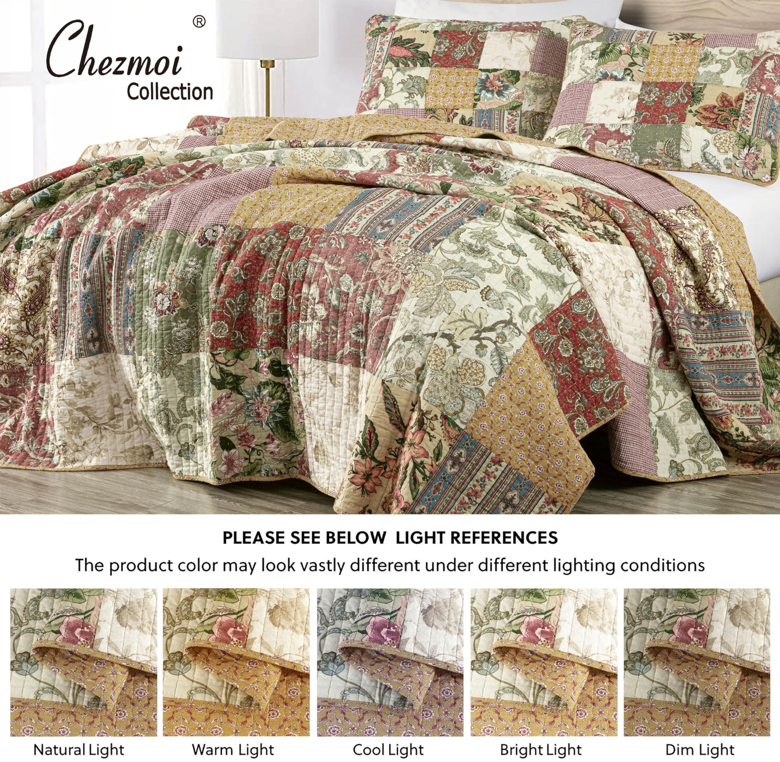 Chezmoi Collection Washed Patchwork Cotton Quilt Set - Soft Lightweight Breathable Reversible Quilted Bedspread for All Seasons