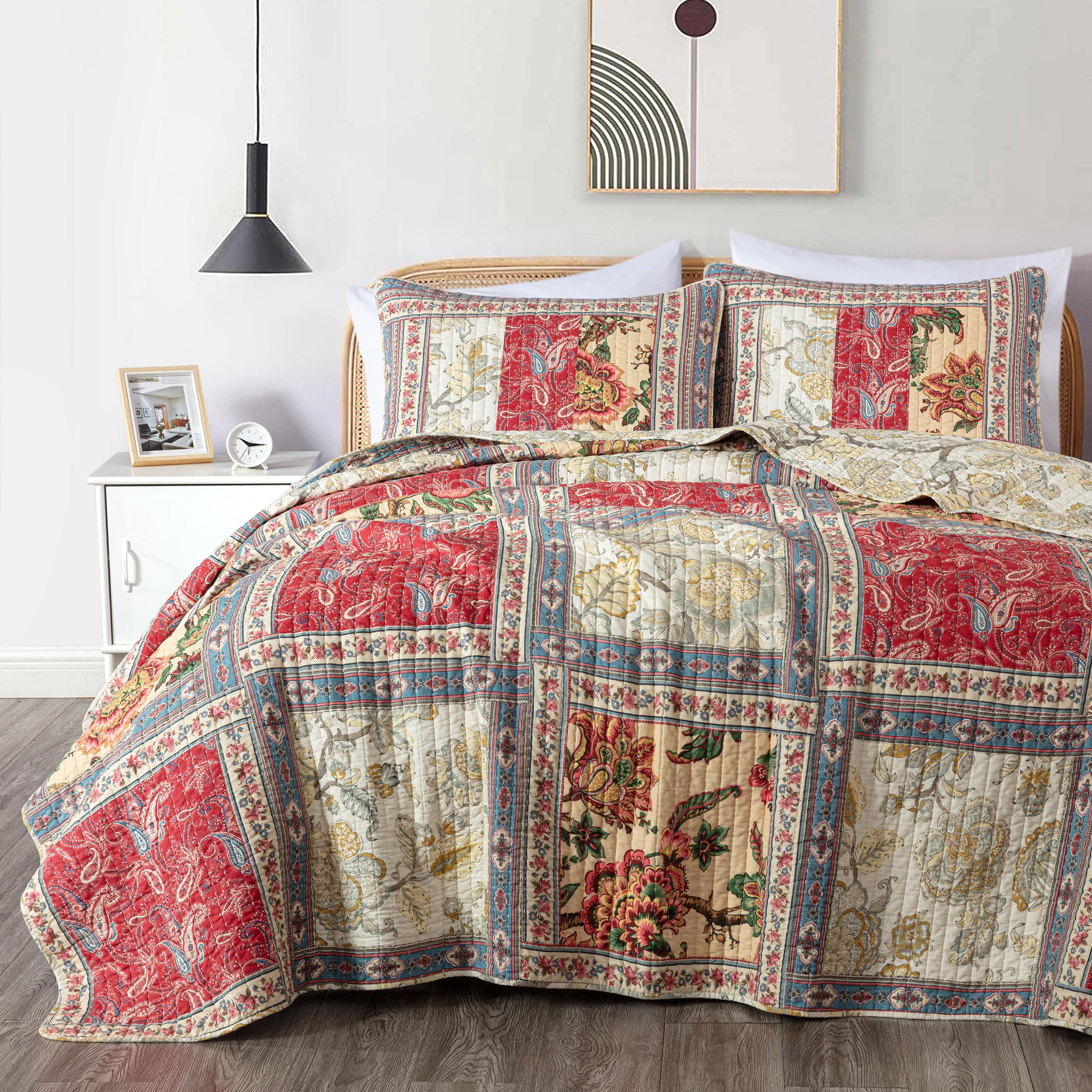 Chezmoi Collection Washed Patchwork Cotton Quilt Set - Soft Lightweight Breathable Reversible Quilted Bedspread for All Seasons